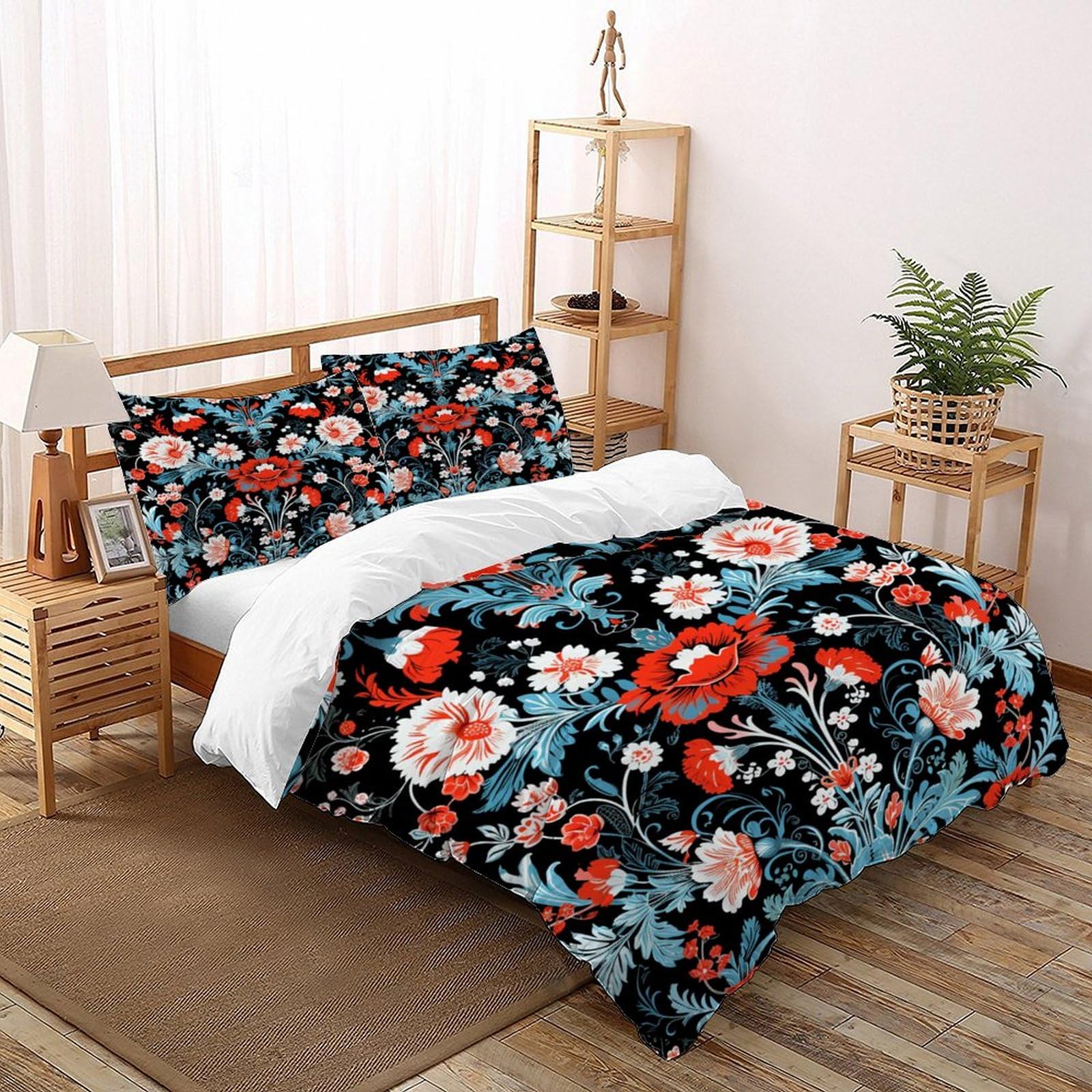 Housse de couette fleurs 3D zippée anti-plis en microfibre pour lit double 200x200