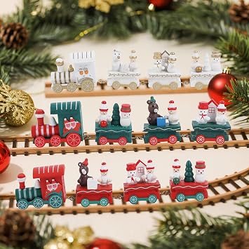 Happy Trees 3 Pack Christmas Decorations Indoor - Wooden Train Set Xmas Table Decor & Christmas Knick Knacks with Snowman Ornaments for Shelf & Office Holiday Decor