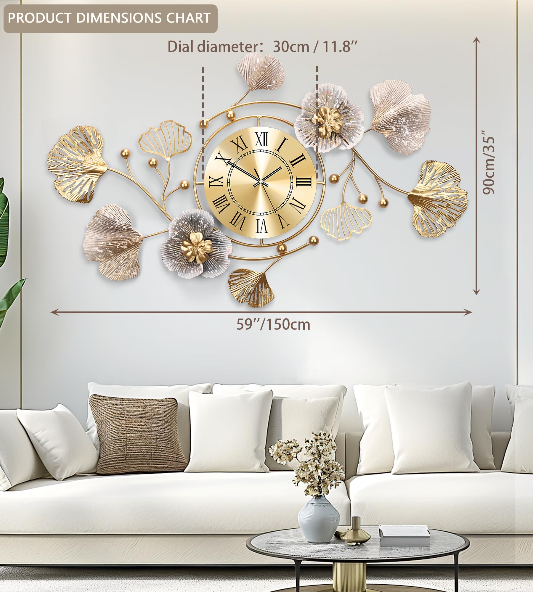 Orologi per Soggiorno,Grande Orologio da Parete,Orologio da Parete Silenzioso,Design di Foglie Ginkgo in Metallo Retrò,per Cucina,Da Letto,Orologi da Parete Decorativa (Caffè Retrò-Roma, 150cm)