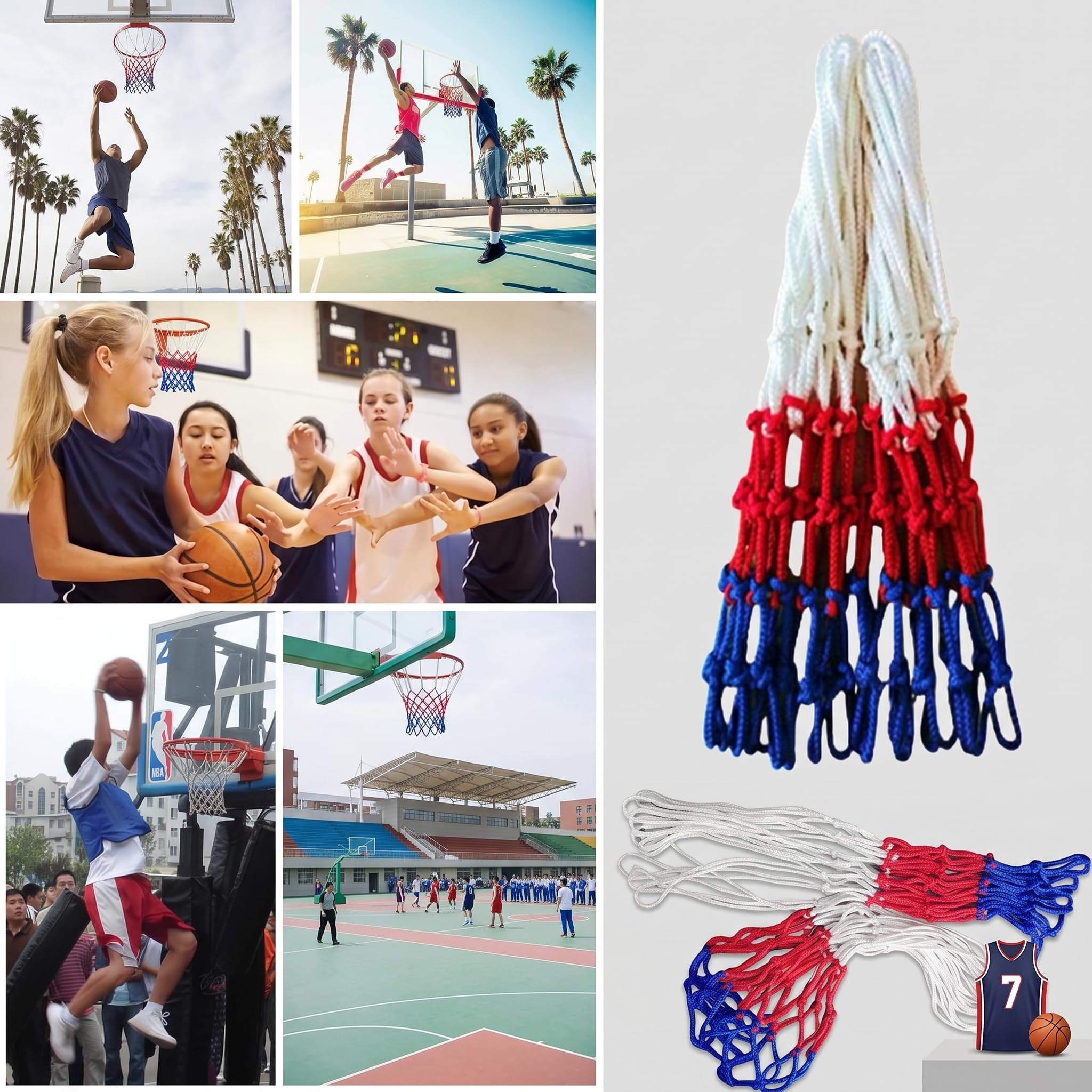 2 Stück Basketballnetz,Basketball Netz für Basketballkorb Ersatz,12 Schlaufen 3 Farbig Nylon Basketballnetz zum Standard Größe Die Innen und Outdoor Basketball Korb Zubehör
