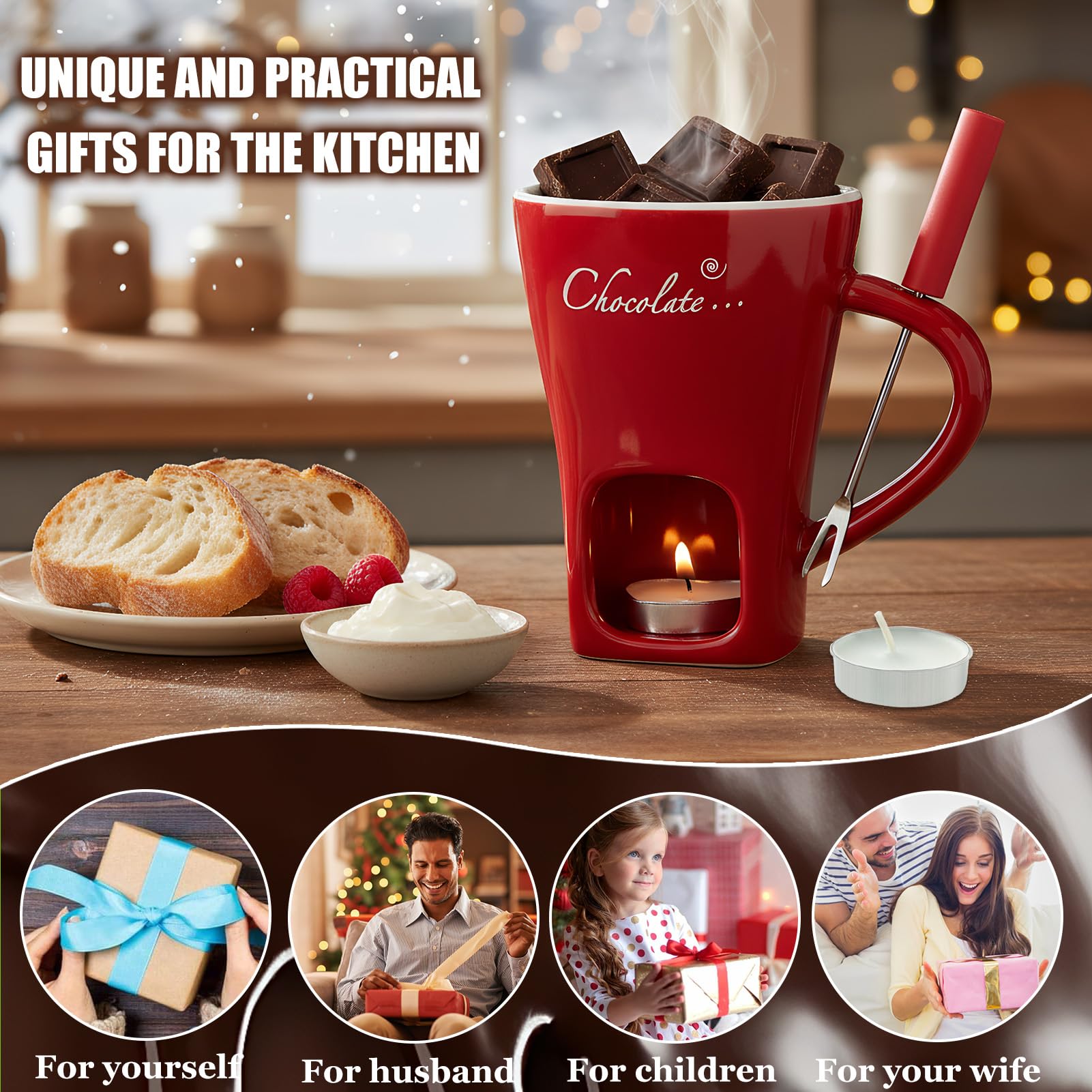 Tazza per Fonduta di Cioccolato in Ceramica 200 ML Rosso con Forchetta e Lumino