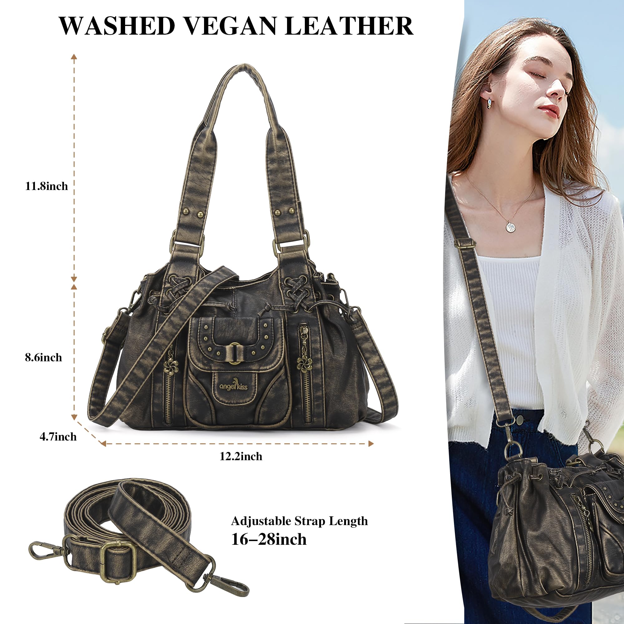 Angel Kiss Piccola borsa hobo da donna in pelle lavata retrò borsa a tracolla spaziosa con manici superiori borse con tracolla rimovibile