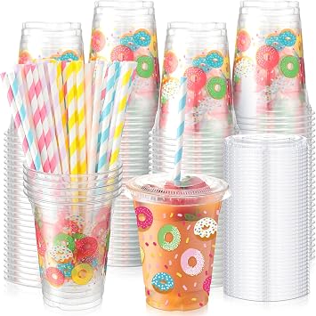 meekoo 50 Sets Donut Cup with Flat Lids and Straws 12 oz Disposable Cups | Doughnut Sprinkle Plastic Cups Clear Drink with Lids for Smoothie Donut Grow up Birthday Party Baby Shower Summer Holiday