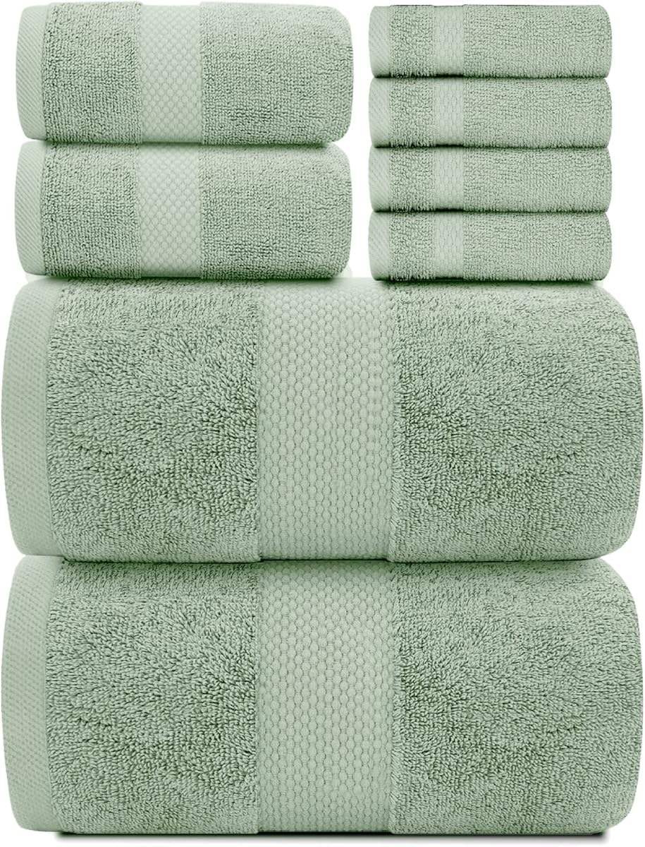 White Classic Luxury Bath Towel Set of 8 Pieces - 100% Turkish Cotton Highly Absorbent Towels for Bathroom, 2 Luxury Bath Towels 700GSM, 2 Hand Towels, 4 Washcloths, Green