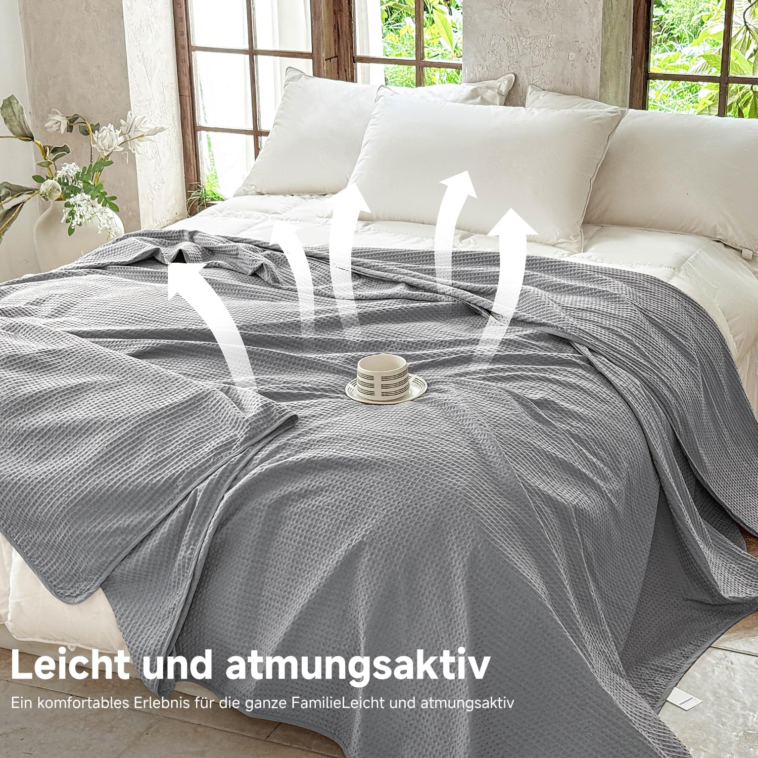 Simple&Opulence 100% Baumwolle Waffledecke Kuschedecke 150x200cm, Atmungsaktiv und Hautfreundlich, Oeko-TEX Zertifiziert Alljahresdecke für Sofa Bett Wohnzimmer, Grau