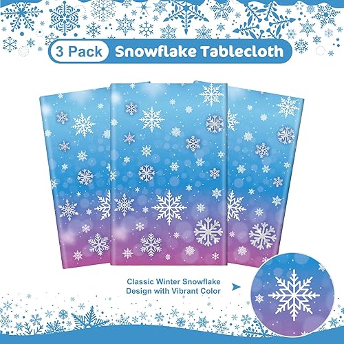 Miniatura 4 de 3 manteles de invierno con copos de nieve – Mantel de plástico de Frozen Wonderland desechable, rectangular, copos de nieve para suministros de