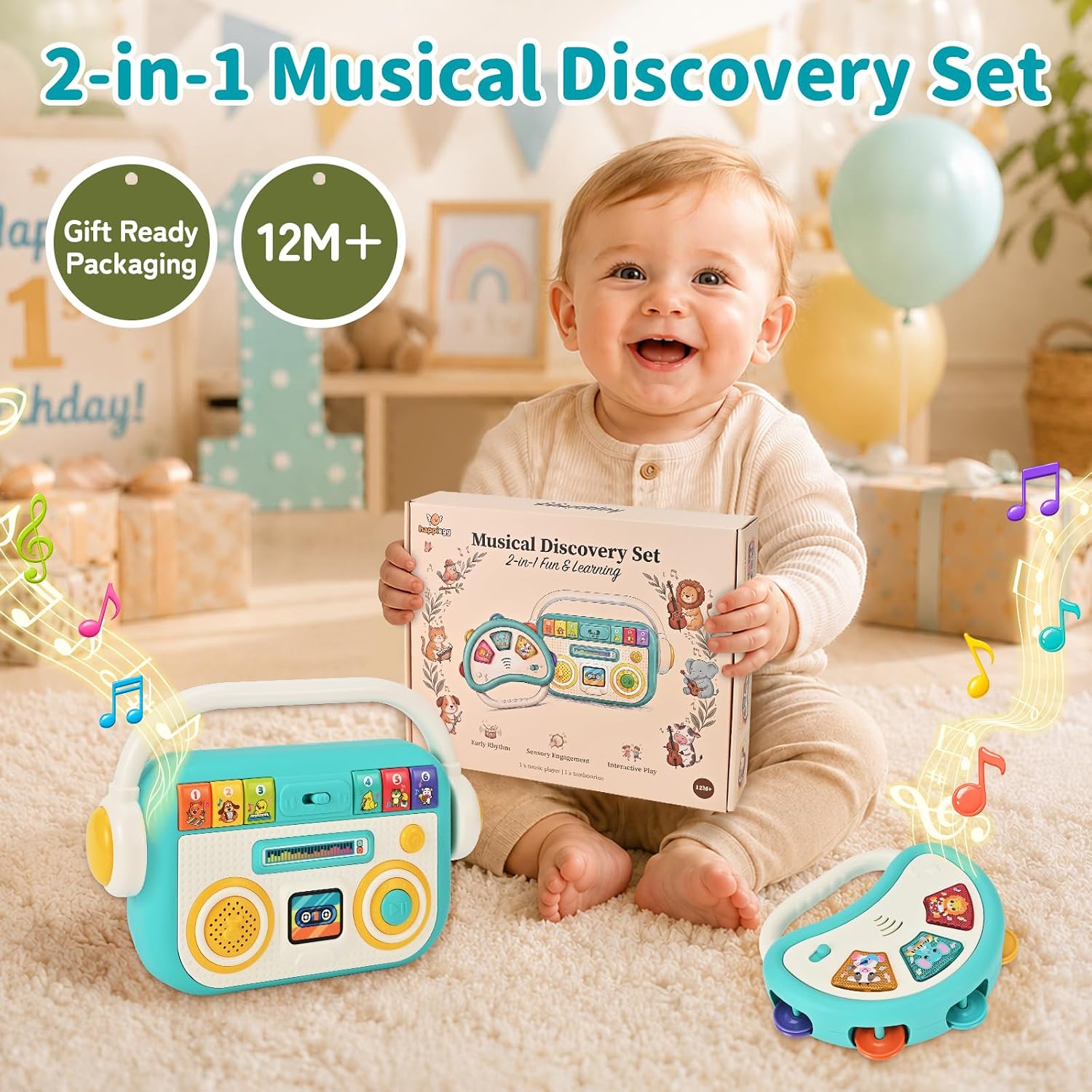 Baby Musical Toys for Toddlers 1-3, Baby Music Player & Light Up Tambourine Set 12M+, Educational Gift for Boys Girls