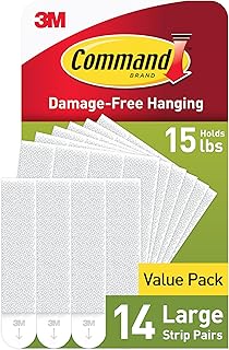 Tiras adhesivas para colgar cuadros grandes, resistentes, blancas, capacidad para hasta 16 libras, 14 pares, embalaje fácil de abrir