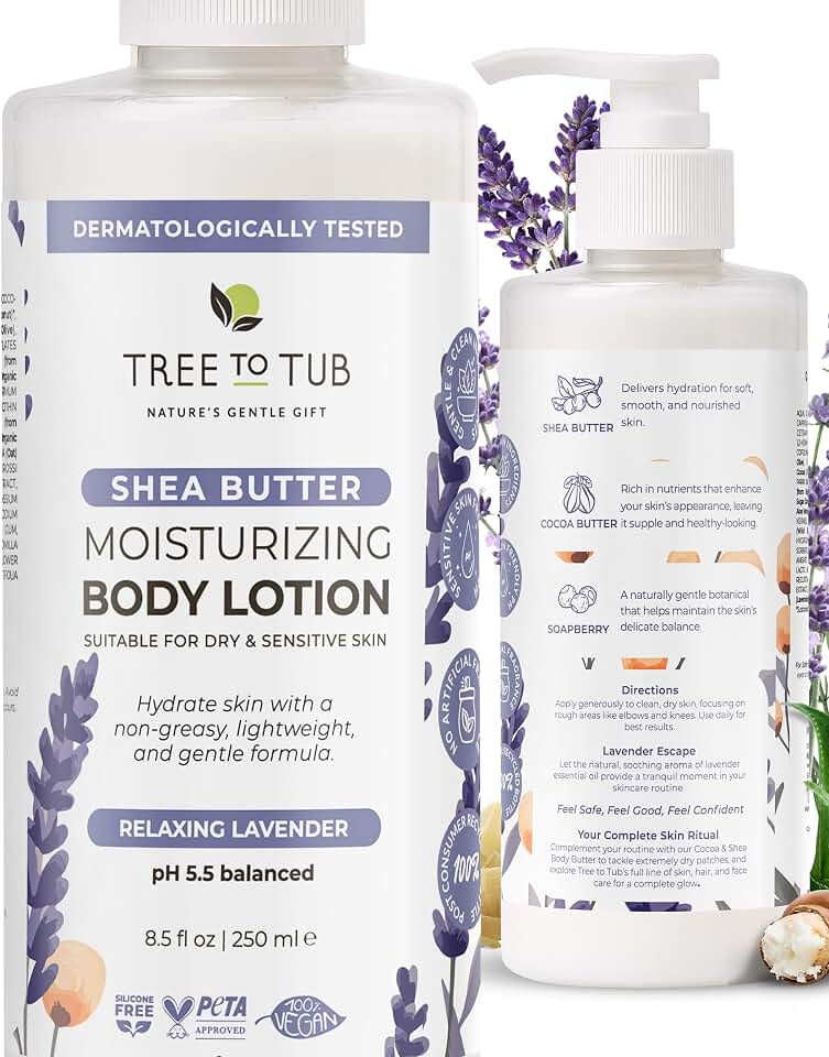Tree To Tub Lavender Shea Butter Body Lotion for Dry Skin - Moisturizing Sensitive Skin Lotion for Women & Men, Vegan Body Moisturizer w/Organic Aloe Vera, Cocoa Butter, All Natural Colloidal Oatmeal