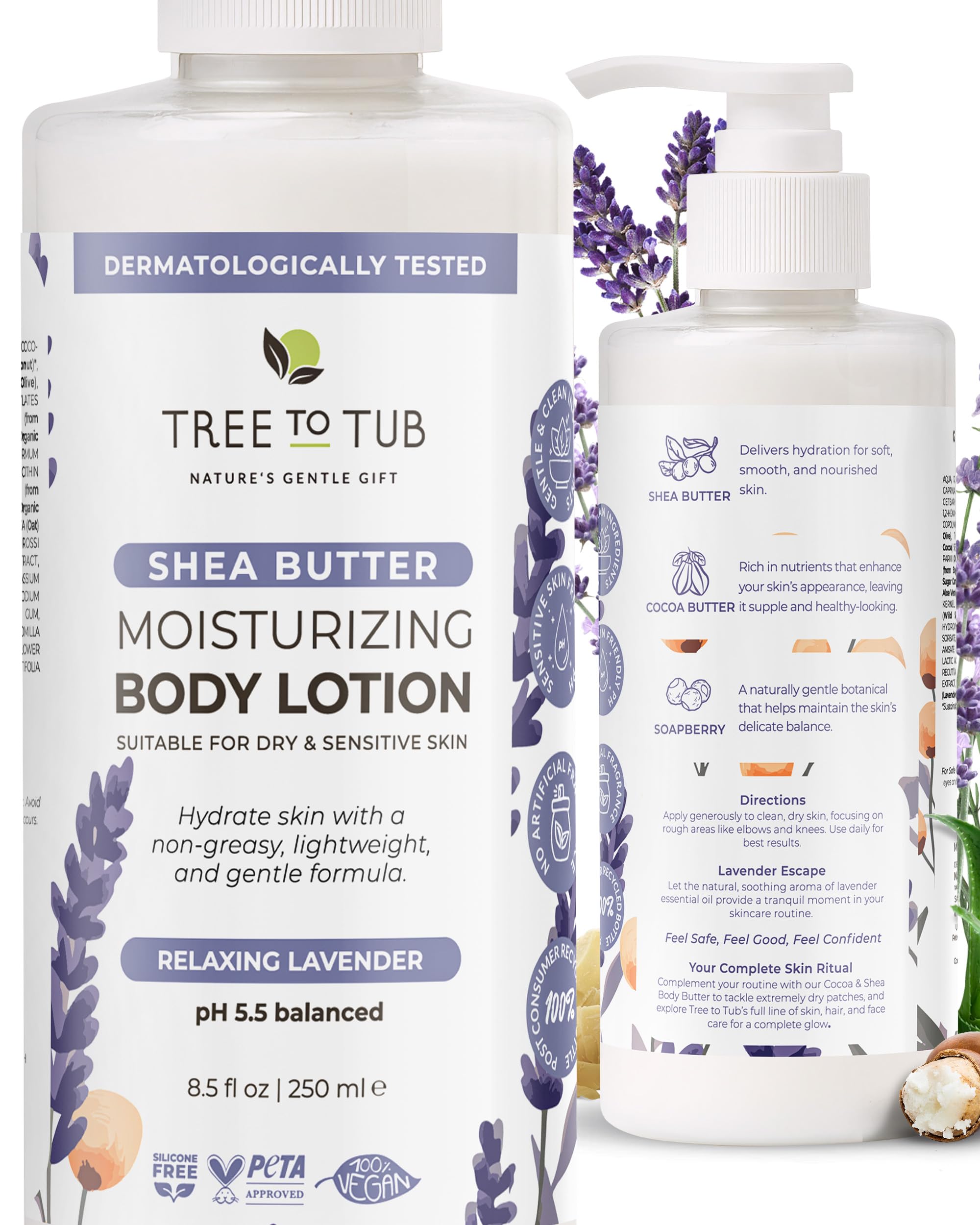 Tree To Tub Lawendowy balsam do ciała z masłem shea do suchej skóry – nawilżający balsam do skóry wrażliwej dla kobiet i mężczyzn, wegański krem nawilżający do ciała z organicznym aloesem, masłem
