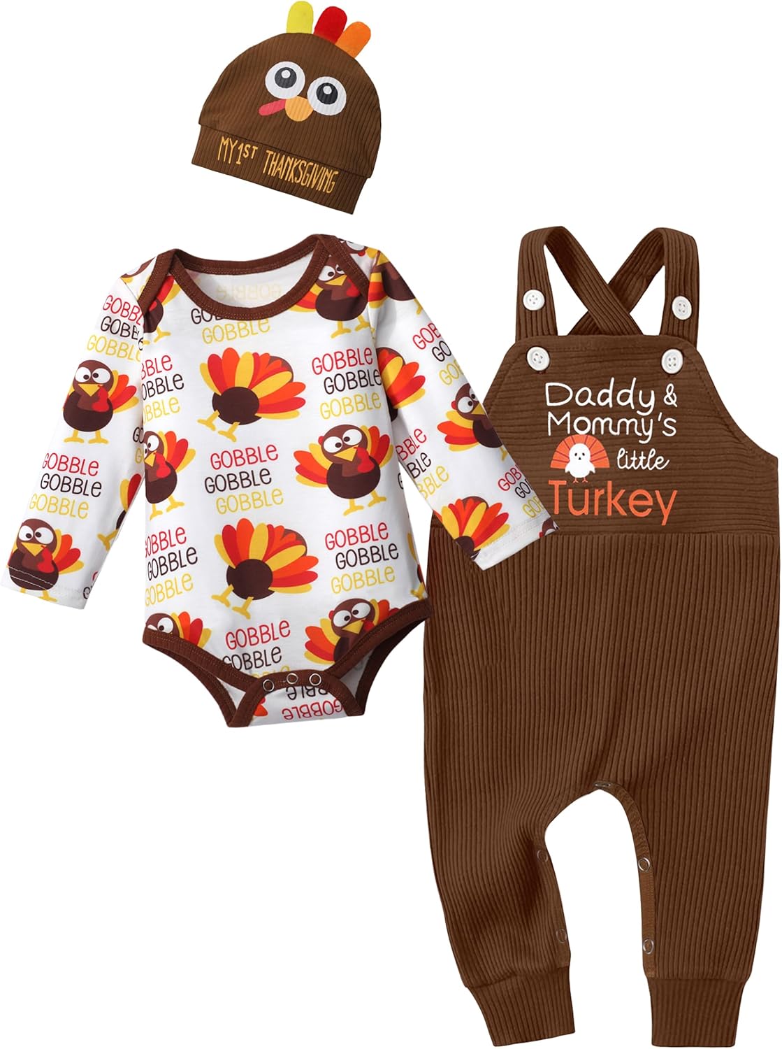 My First Thanksgiving Baby Boy Outfit,Long Sleeve Romper+Suspender Pant+Turkey Hat 3PCS Thanksgiving Baby Boy Clothes