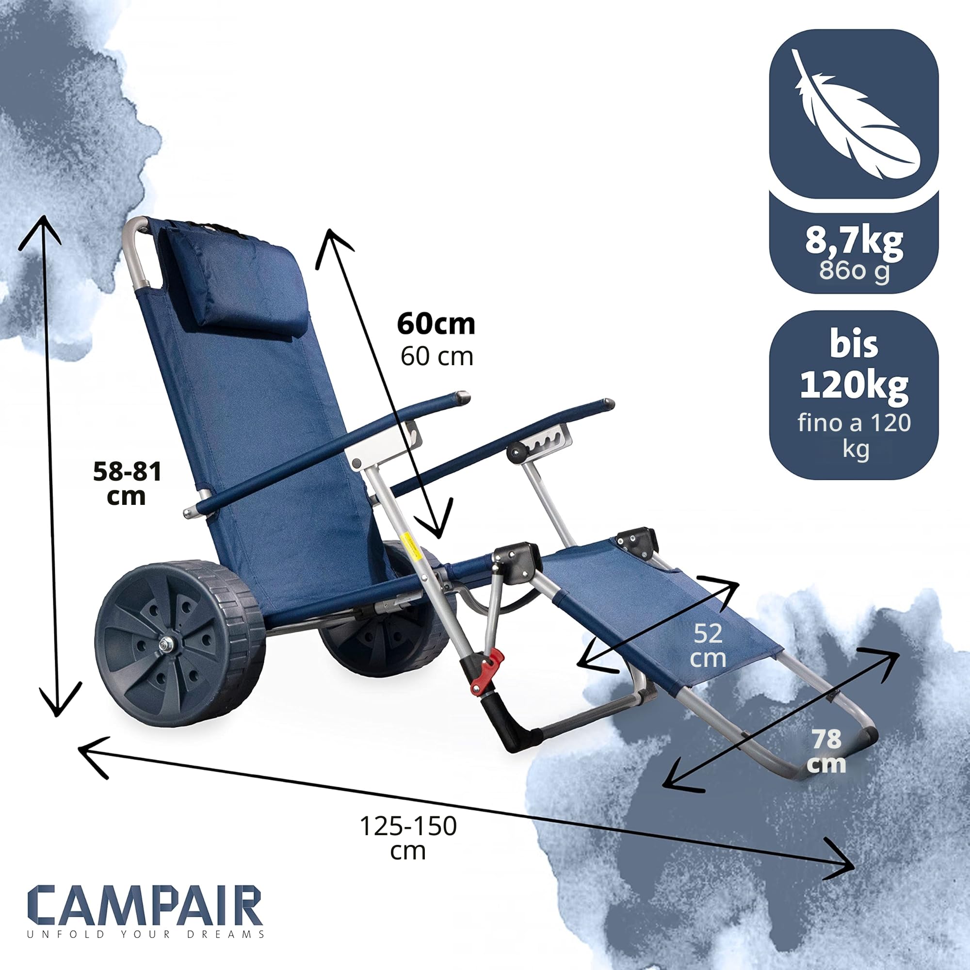 CampAir 2-in-1 Lettino da spiaggia con ruote o carrello pieghevole, blu