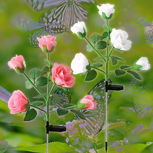 Miniatura 2 de Paquete de 2 luces solares para exteriores, 10 rosas grandes, luces LED solares realistas para jardín, impermeables, 7 luces solares que cambian de