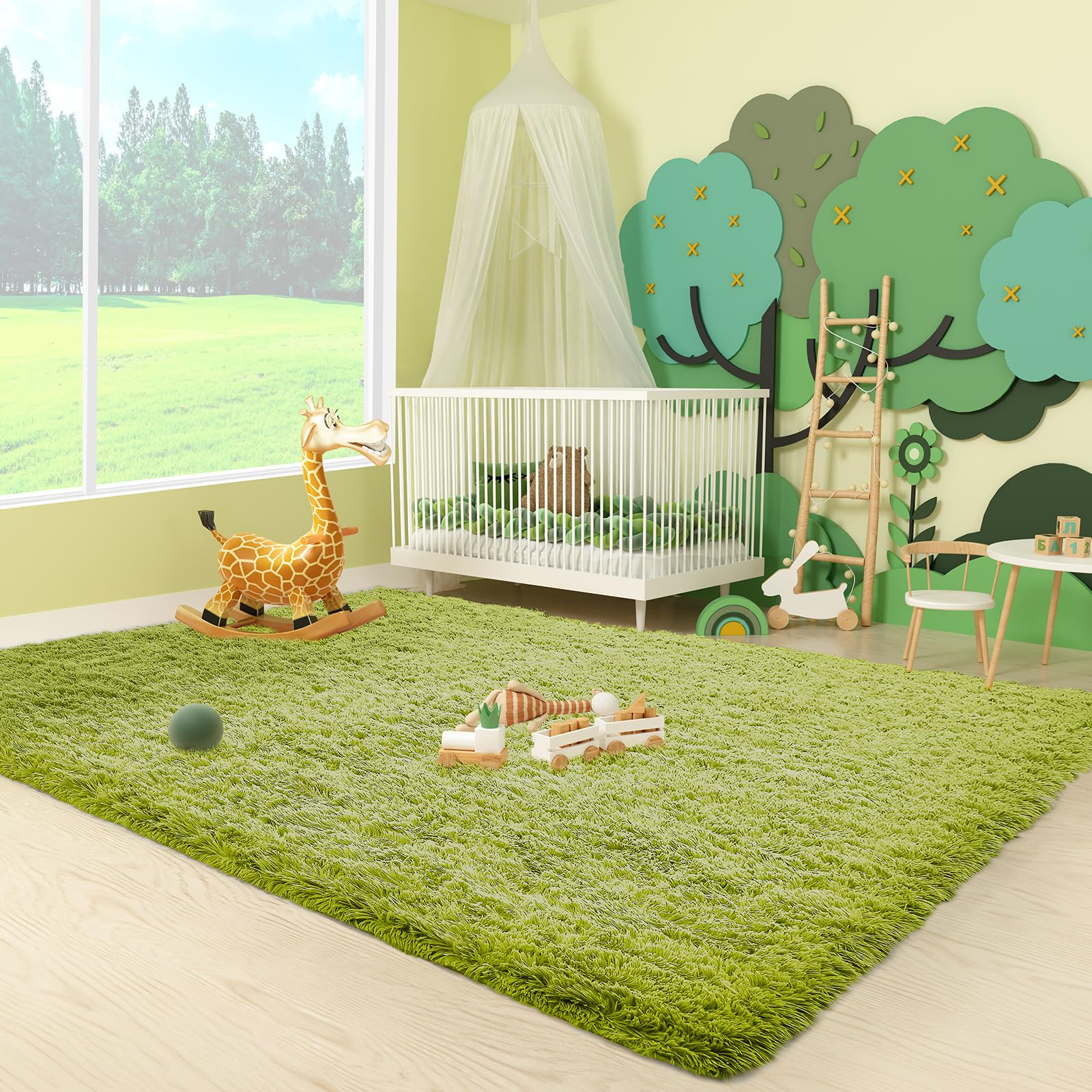 Ophanie Green Grass Area Rugs for Bedroom, Shag Fluffy Carpet, Fuzzy Furry Plush Soft Cute Kids Baby Girls Shaggy Bedside 4x5.3 Indoor Floor Rug for Teen Dorm Home Decor Aesthetic, Nursery