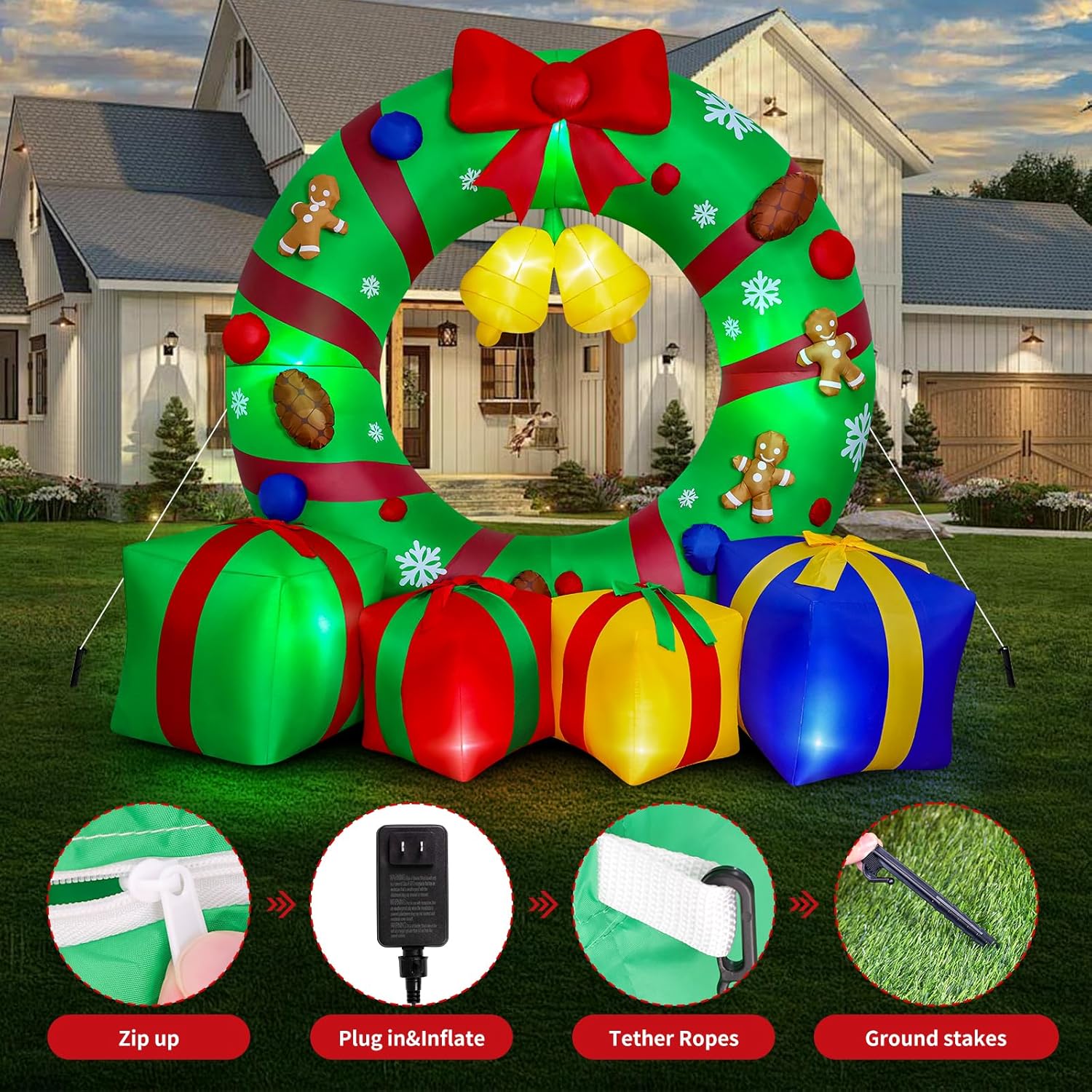 Max Fun 10FT Giant Inflatable Christmas Wreath Outdoor Decor Blow Up Xmas Wreath with Gift Boxes Bells LED Lights Holiday Yard Lawn Garden Decoration