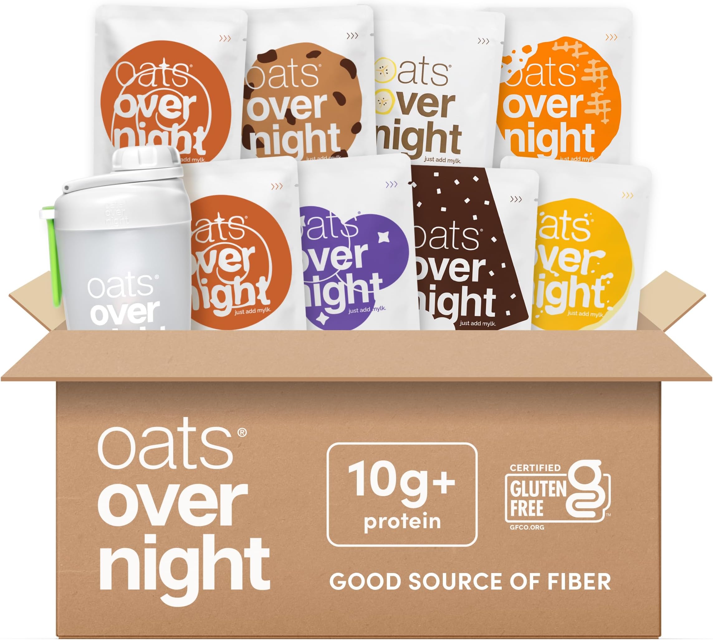 Vegan Variety Pack - High Protein, High Fiber Breakfast Protein Shake - Gluten Free Oatmeal, Non GMO Protein Oatmeal - Banana Bread, Blueberry Cobbler & More (8 Pack + Shaker Bottle)