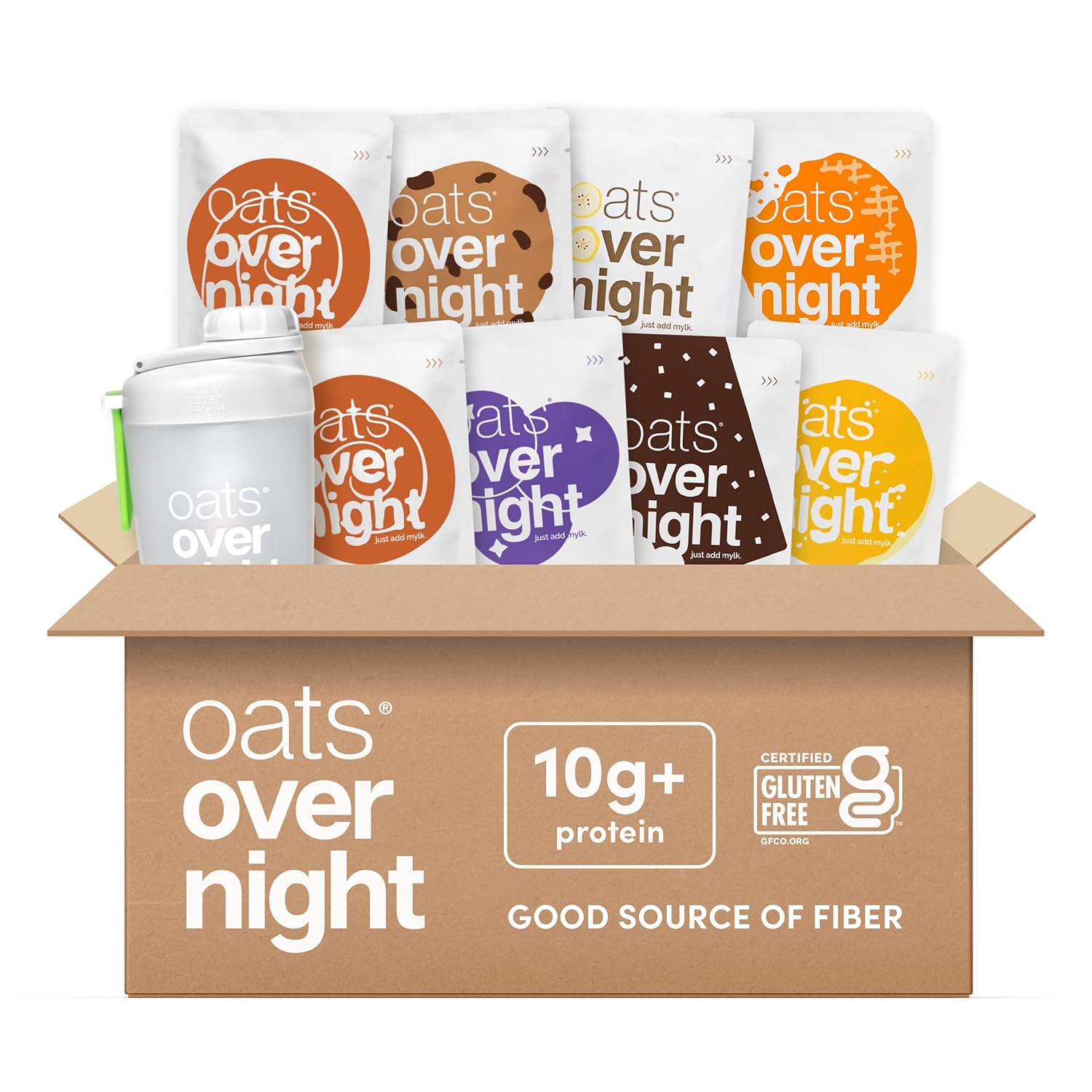 Oats Overnight Vegan Variety Pack - High Protein, High Fiber Breakfast Protein Shake - Gluten Free Oatmeal, Non GMO Protein Oatmeal - Banana Bread, Blueberry Cobbler & More (8 Pack + Shaker Bottle)