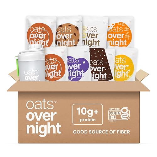 Oats Overnight Vegan Variety Pack - High Protein, High Fiber Breakfast Protein Shake - Gluten Free Oatmeal, Non GMO Protein Oatmeal - Banana Bread, Blueberry Cobbler & More (8 Pack + Shaker Bottle) - 2.6 Ounce (Pack of 9)