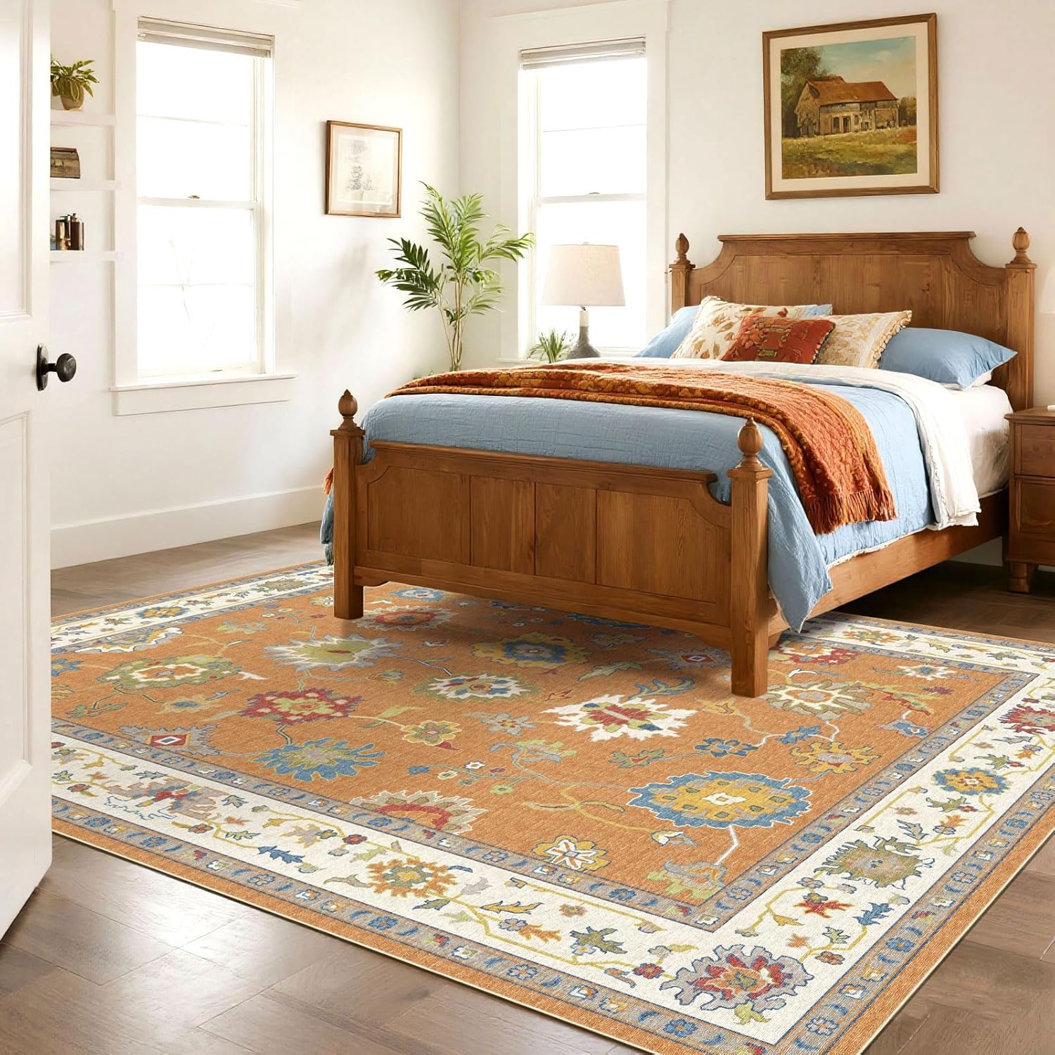 BLISSA Area Rugs 9x12 Living Room - Large Washable Brown Orange Ochre Oriental Traditional Oushak Print Rugs for Bedroom Vintage Farmhouse Soho Carpet Soft Retro Rug for Dining Room Home Office