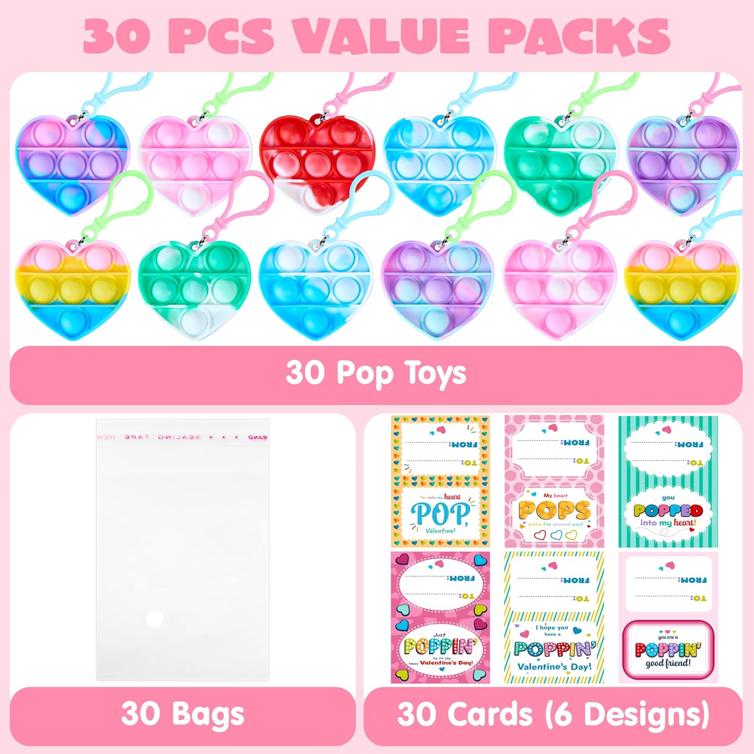 JOYIN 30 Packs Valentine's Day Gift Cards with Pop Fidget Keychain Toys, Stress Anxiety Relief Fidget Toy with Card for Kids Valentine Classroom Exchange Prizes, Valentine's Day Party Favor