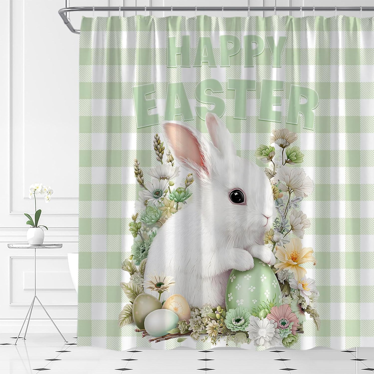 Happy Easter Shower Curtain Cute Bunny Eggs Spring Floral Rabbit Sage Green Buffalo Plaid Modern Fabric Bathroom Decor Set with Hooks,(70" WX70 H)
