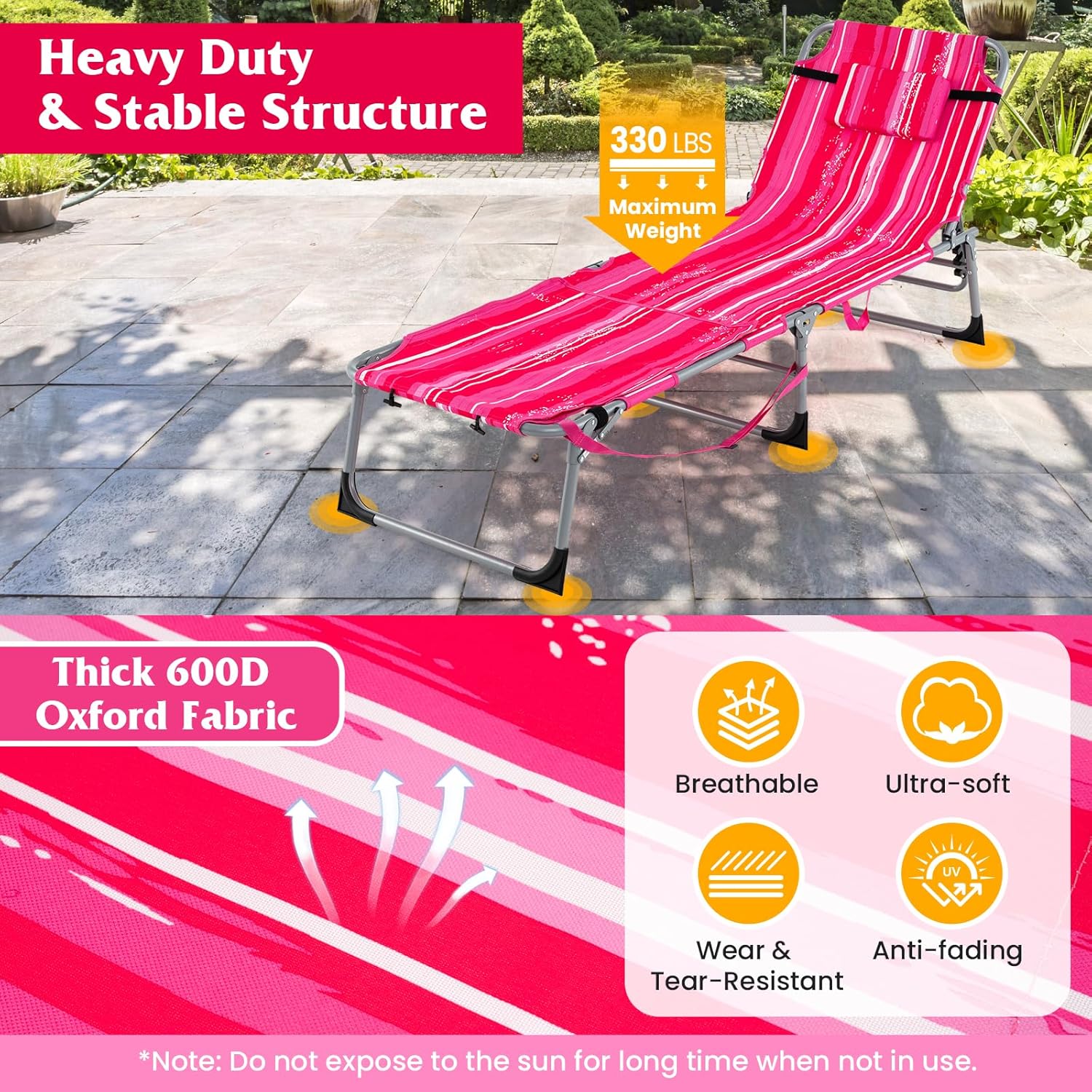 GYMAX Tanning Chair, 330LBS Beach Lounge w/Face Arm Hole & Shoulder Strap, Folding Layout Sunbath Chair, Face Down Outdoor Chaise Lounger for Patio, Poolside, Lawn, Backyard (1, Pink Stripe)
