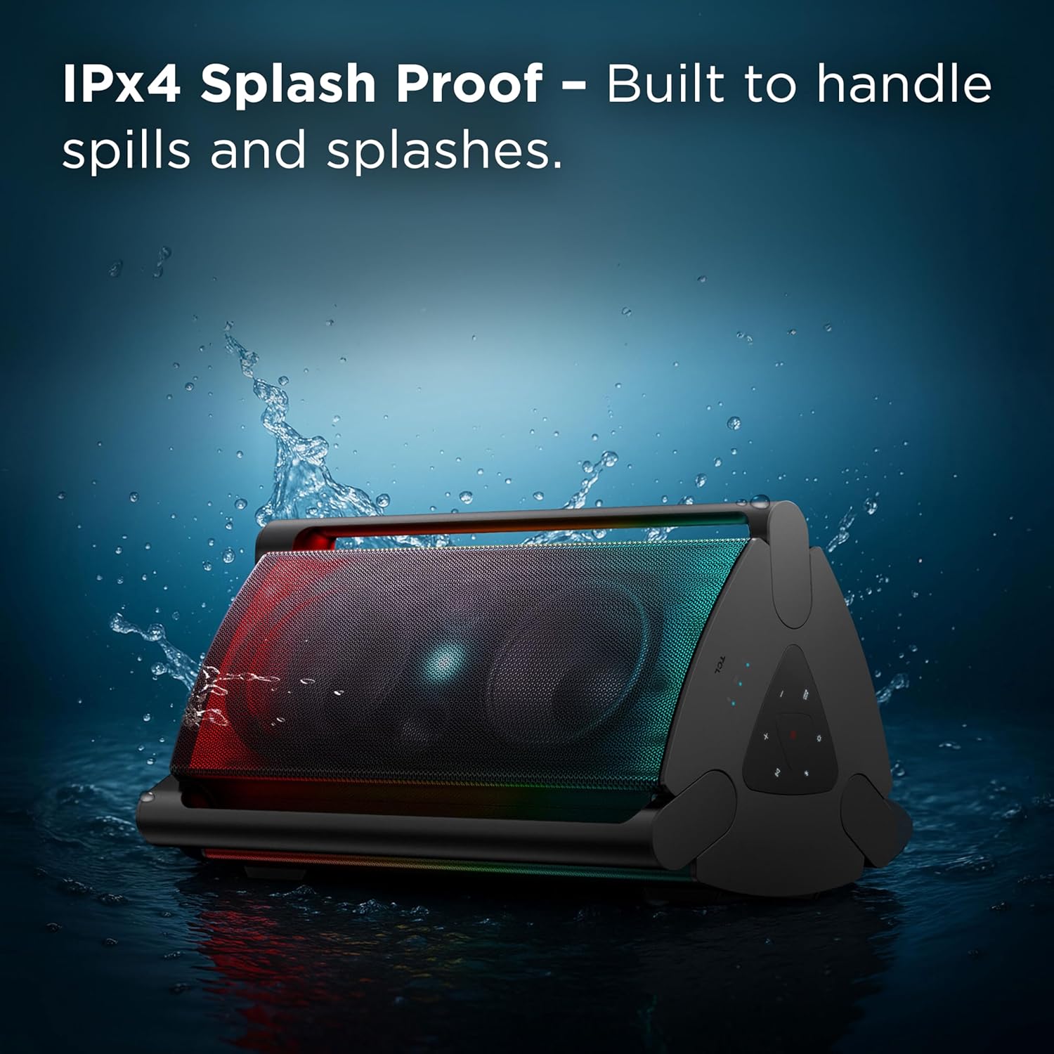 TCL TP300K speaker being splashed with water, demonstrating its IPX4 rating