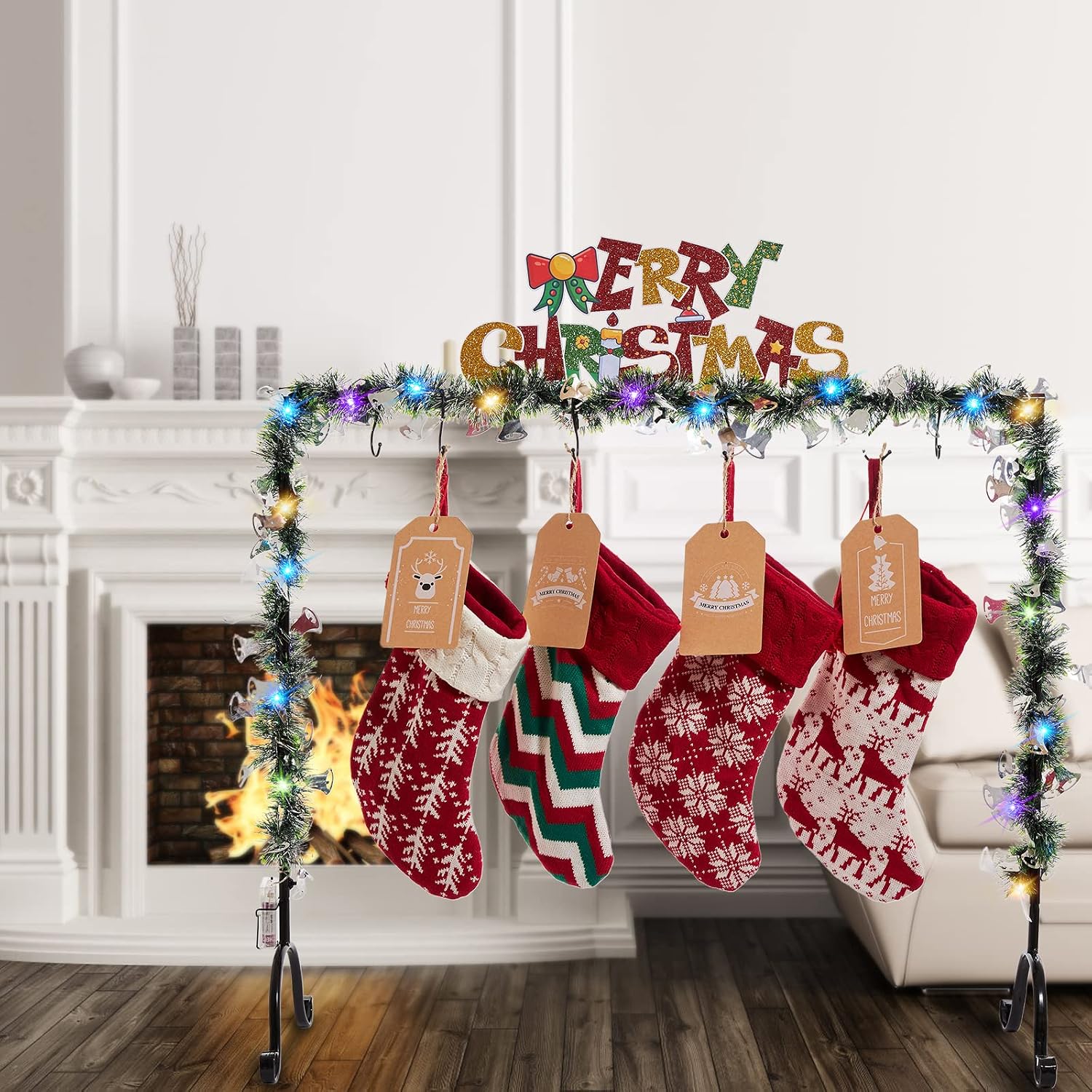 Lighted Metal Christmas Stocking Holder Stand for Floor with 6 Hangers Grey Merry Christmas Free Standing Stocking Rack