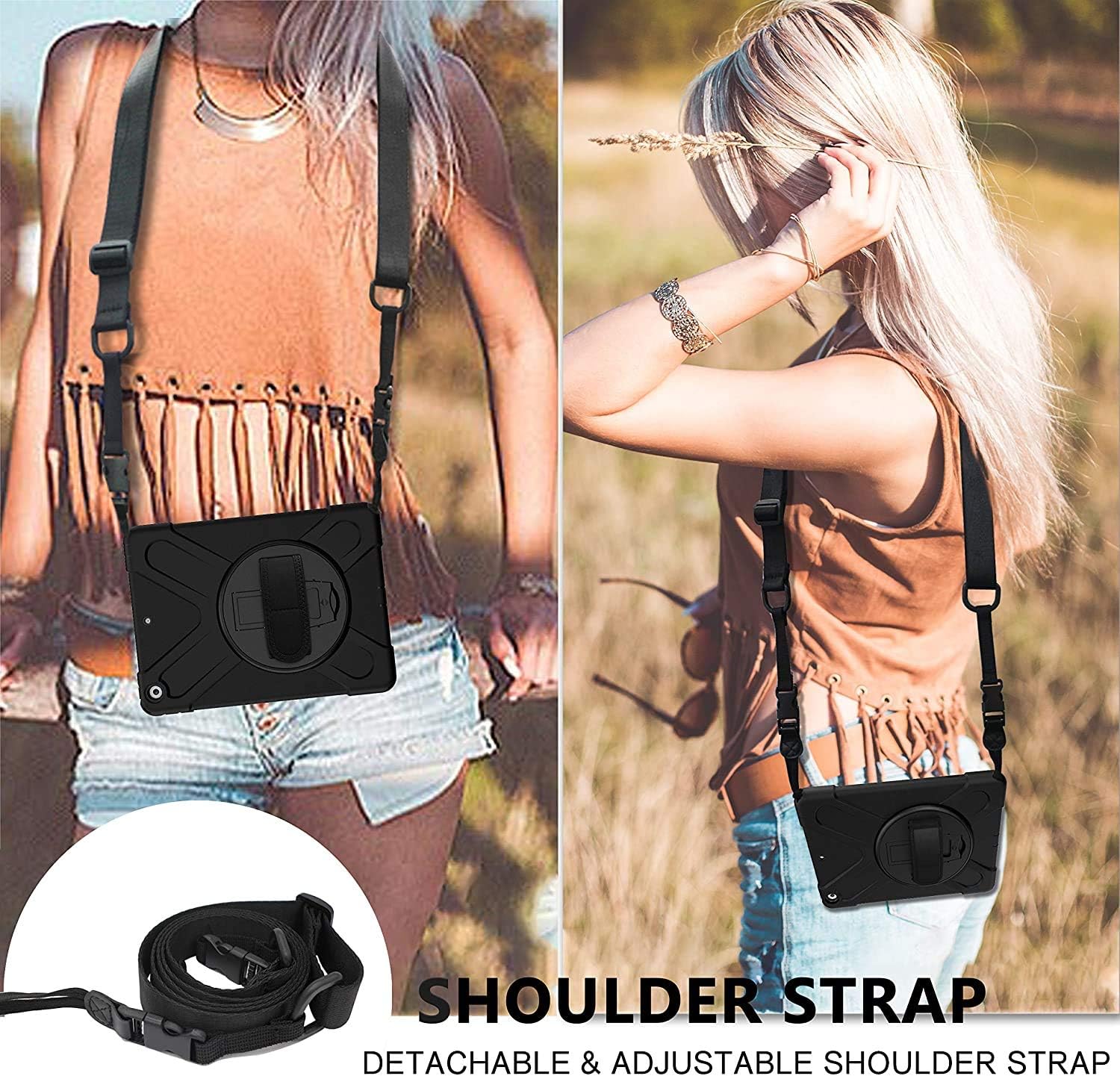 Adjustable removable shoulder straps for Tablet Case, Replacement Comfortable Neck Lanyard for Camera, Tablet, iPad, Laptop, Binocular, Luggage Bag (Black)