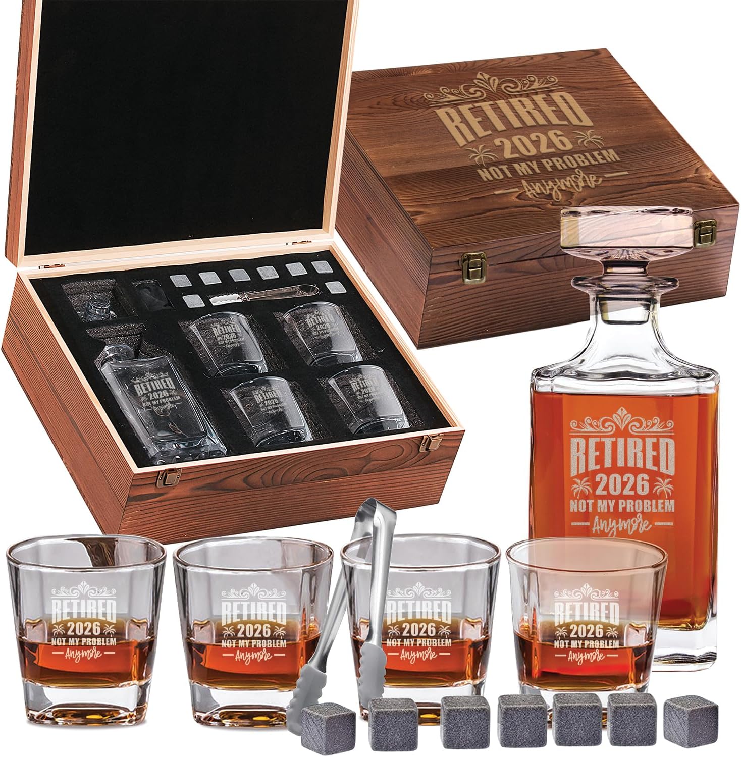 Cusom Retired 2026 Not My Problem Anymore Whiskey Gift Set – 34 oz Liquor/Bourbon Decanter with 4 Glasses, Whiskey Stones, Tongs & Wood Box – Premium Whiskey Gift for Men, Husband, Dad