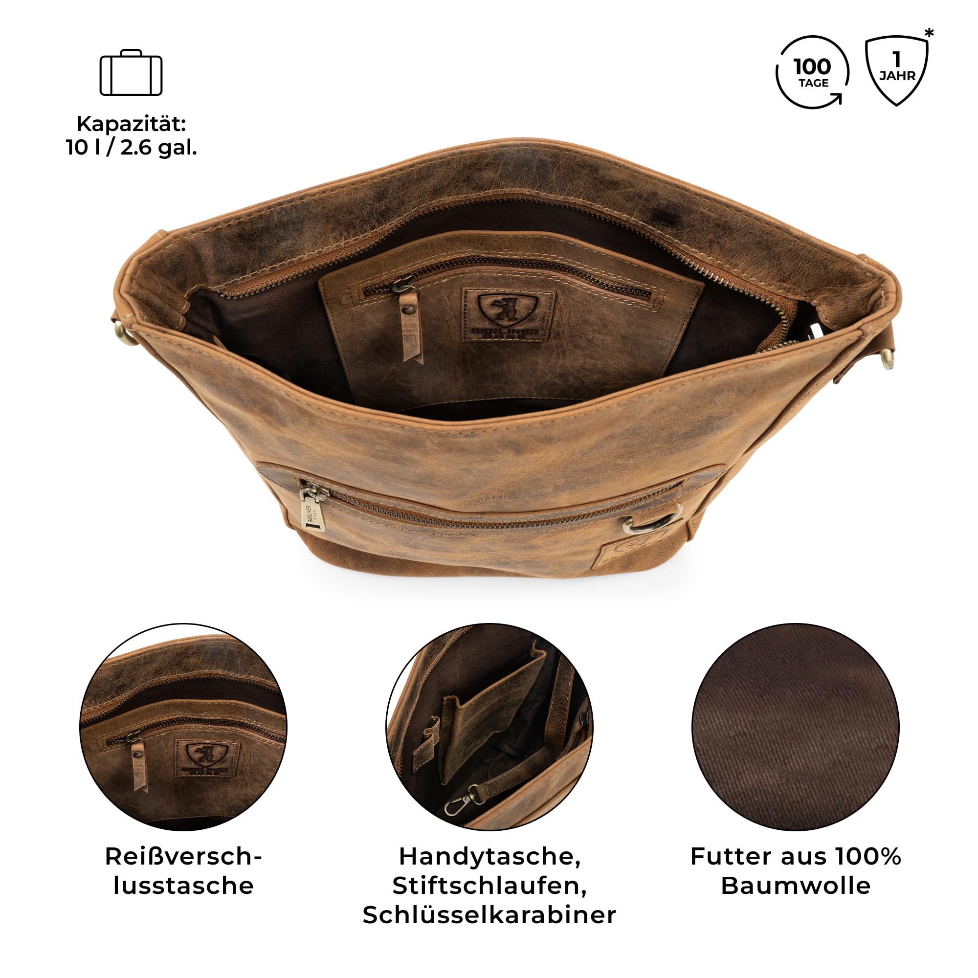 Berliner Bags Vintage Schultertasche Siena, Mittelgroße Umhängetasche aus Leder, Crossbody Bag, Handtasche für Damen - Braun