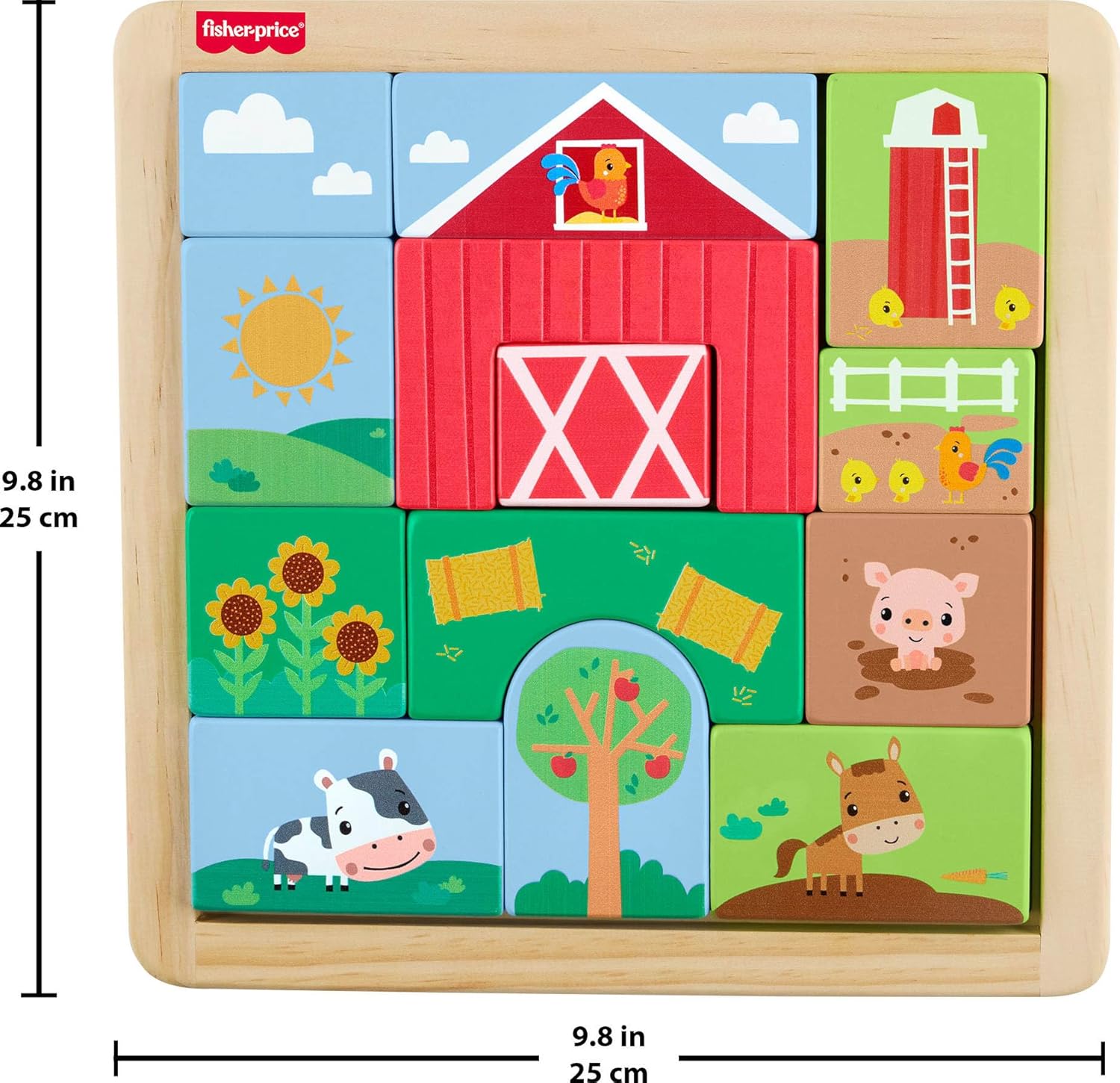 Fisher-Price Wood Toddler Toy Farm Blocks Puzzle, 14-Piece Wooden Activity for Developmental Play Preschool Kids Ages 2+ Years