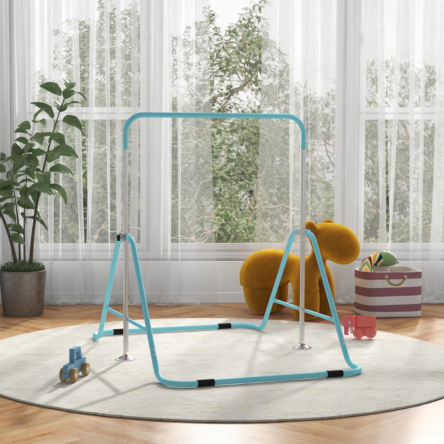 Encourage Active Play with Adjustable Folding Gymnastics Bar for Kids, Safe Shock Absorption, Compact Storage, Green
