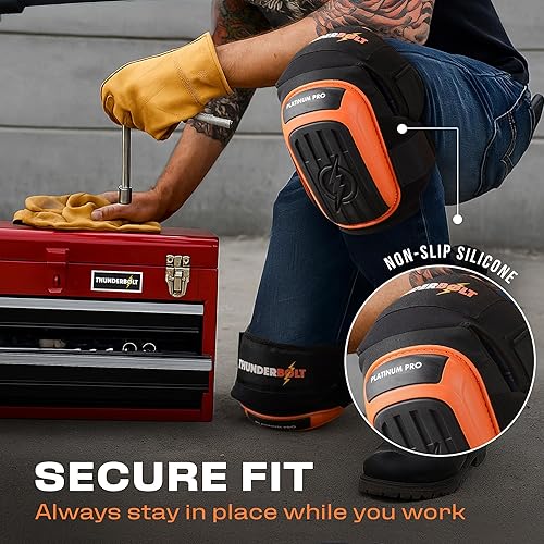 Miniatura 6 de Rodilleras Thunderbolt de trabajo, para construcción, colocación de pisos, limpieza de jardines, doble cojín de espuma de gel y correas Naranja