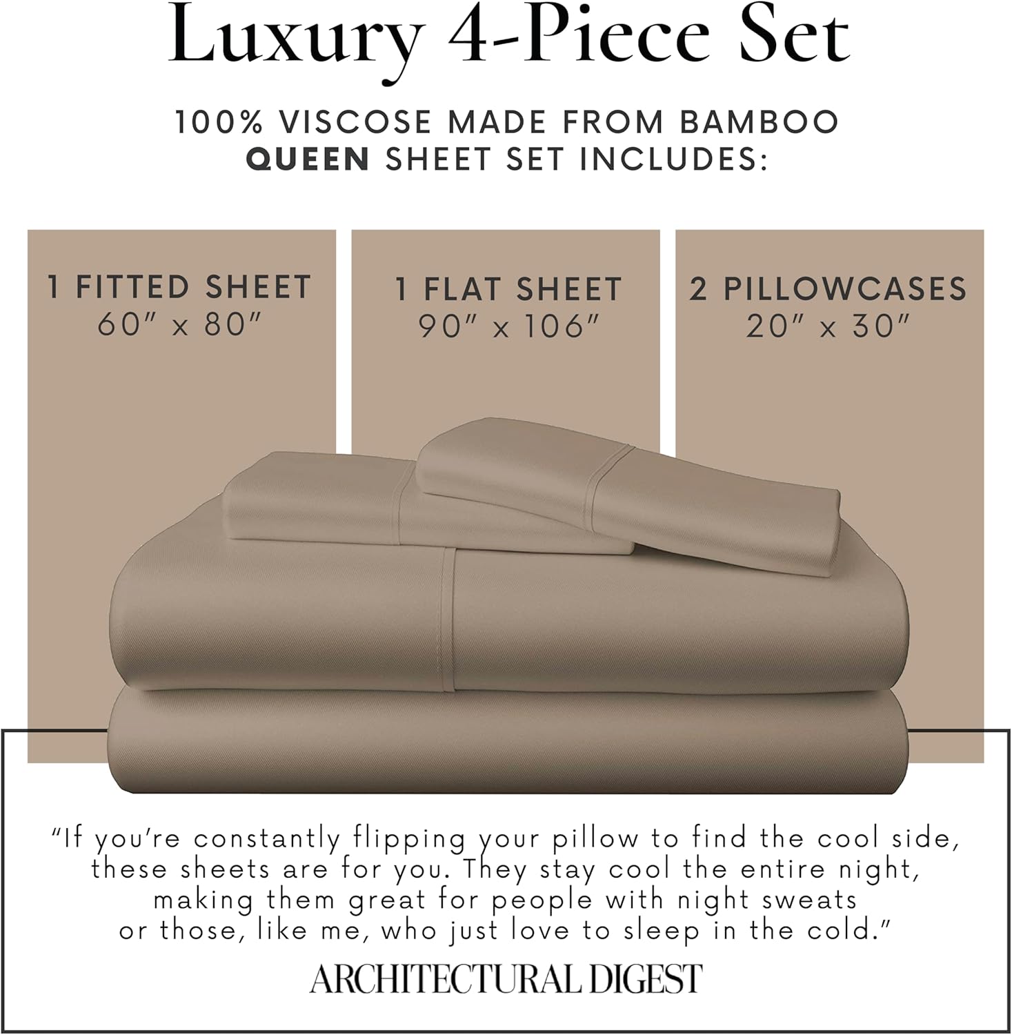Bamboo Bay 4 Piece Queen Size Sheet Set, 100% Viscose Made from Bamboo, Breathable, Ultra Soft Cooling Bed Sheets for Hot Sleepers, Beddings with Deep Pockets Fit 16" Mattress, Sand Beige