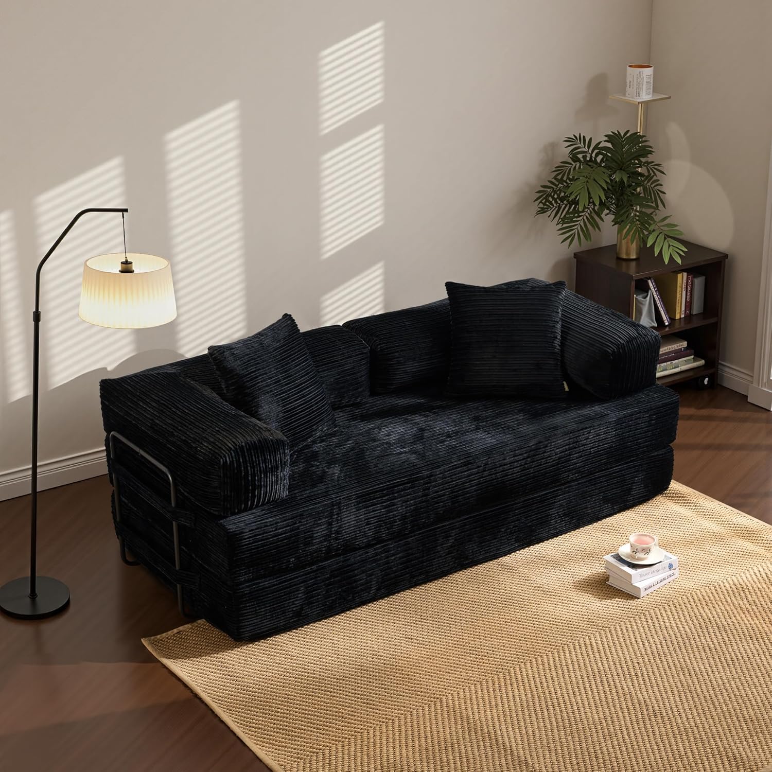 4-in-1 Convertible Sleeper Sofa Bed,80 Inch Corduroy Loveseat Sleeper with Pull Out Bed,Boneless Couch with Fixed-Shape Frame,Floor Sofa Modular Couch for Living Room Bedroom Lounge (Black)