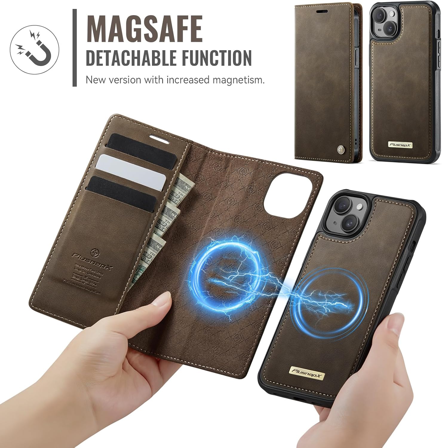 Wallet Case for iPhone 15 Compatible with Magsafe, 2-in-1 PU Leather Flip RFID Blocking Card Holder Stand Shockproof Magnetic Detachable Cover for iPhone 15 Case 6.1", Brown
