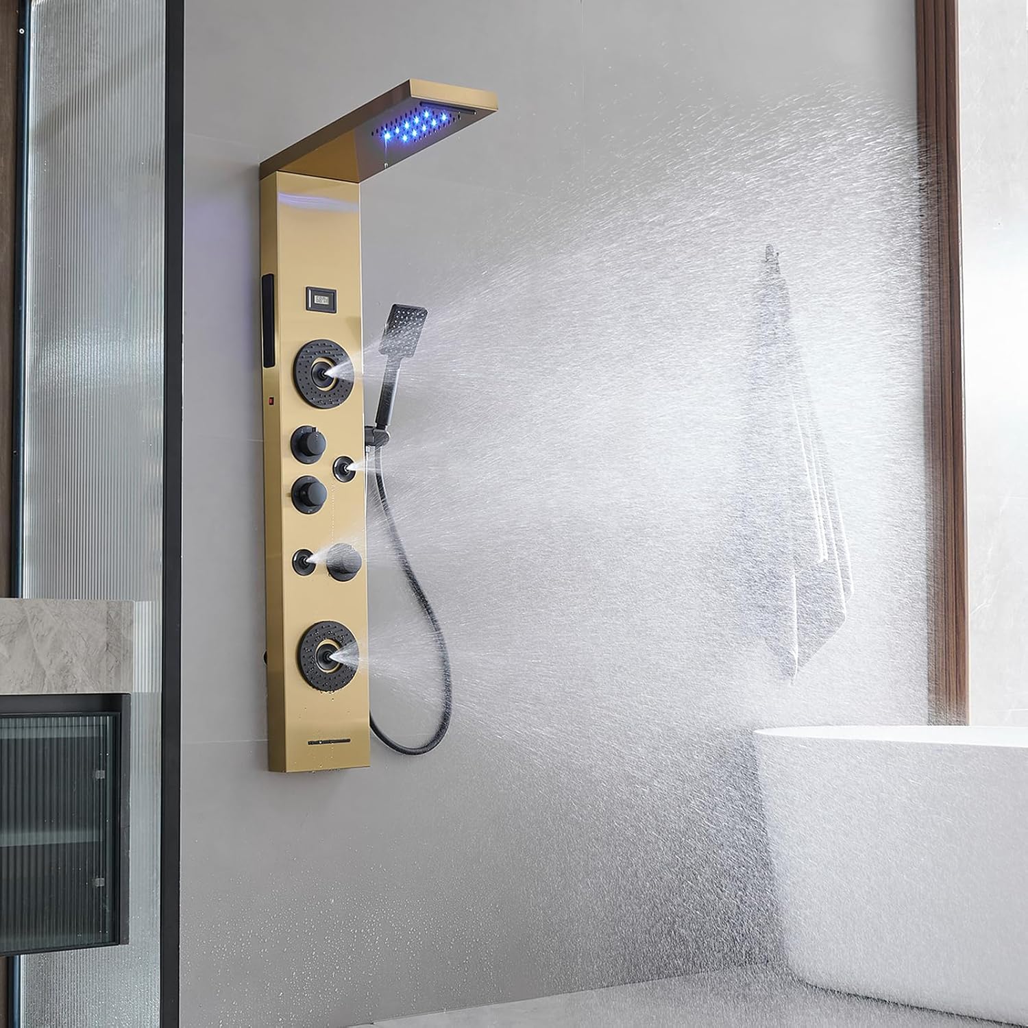 Brushed Gold Shower Panel LED Rainfall Shower Head, Bathroom Shower Panel Tower System Body Massage 6-Functions Temperature Display Wall Mount, Gold