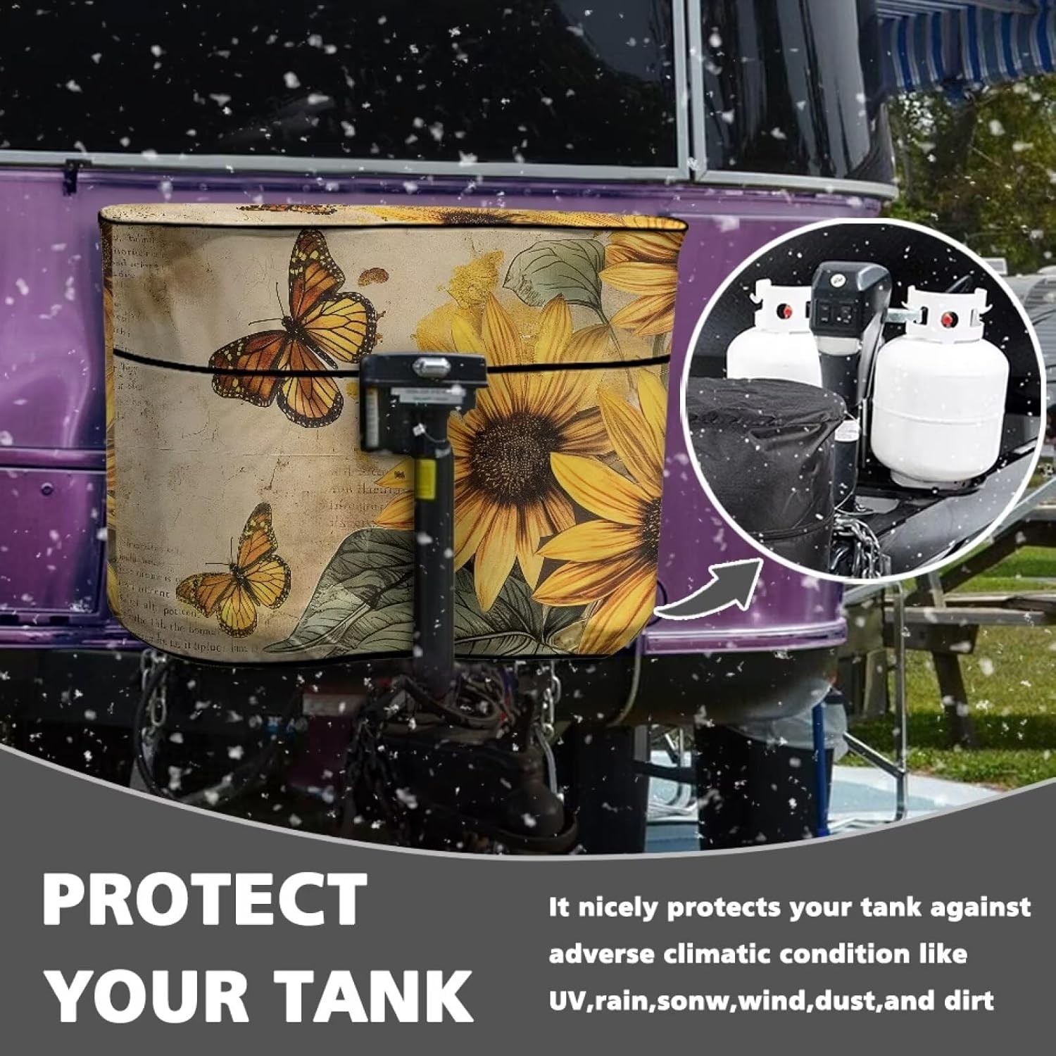 Sunflower Butterfly Double 40lb RV Propane Tank Cover Heavy Duty Propane Gas Cylinder Cover Dust-Proof All Weather Protection