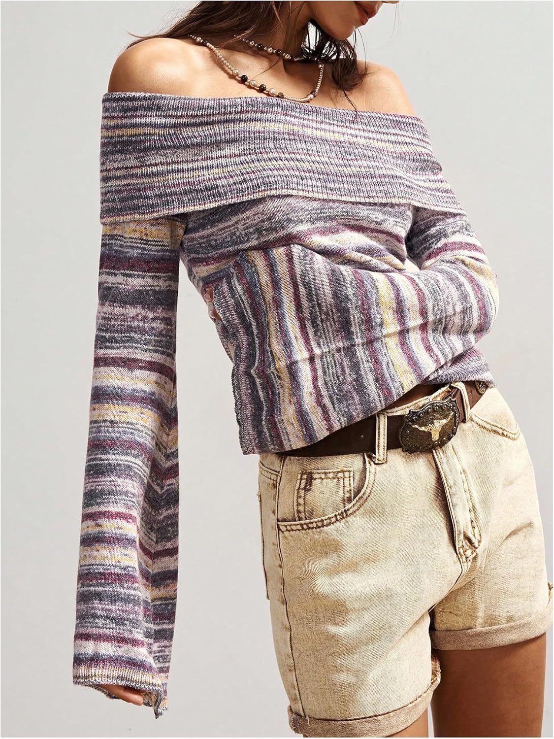 MakeMeChic Women's Striped Off The Shoulder Sweater Bell Sleeve Y2k Pullover Crop Tops - Image 2