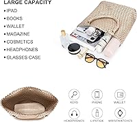 Vista 4 de Bolso de mano tejido para mujer, bolso grande de cuero tejido para mujer, elegante bolso de verano para trabajo, viajes, playa Dorado