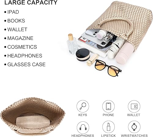 Miniatura 4 de Bolso de mano tejido para mujer, bolso grande de cuero tejido para mujer, elegante bolso de verano para trabajo, viajes, playa Dorado