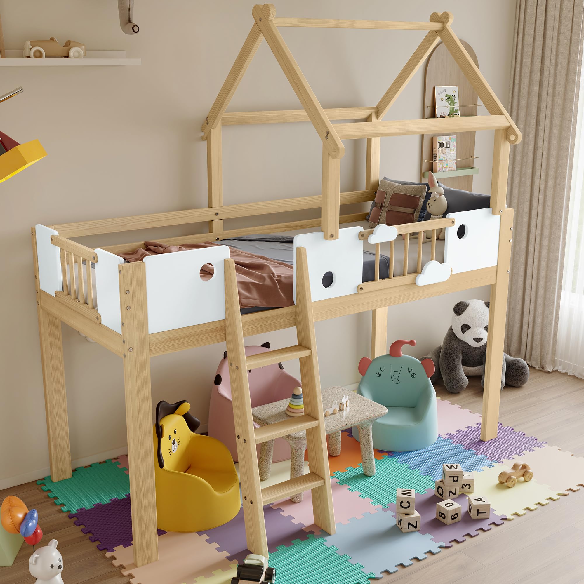 Sapgaks Lit Mezzanine Enfant,Toit au Design Unique, avec échelle inclinée à Trois marches,lit Enfant 90x200cm avec Protection antichute et barrières, Cadre en pin,lit cabane Enfants,(Blanc+Naturel-1)