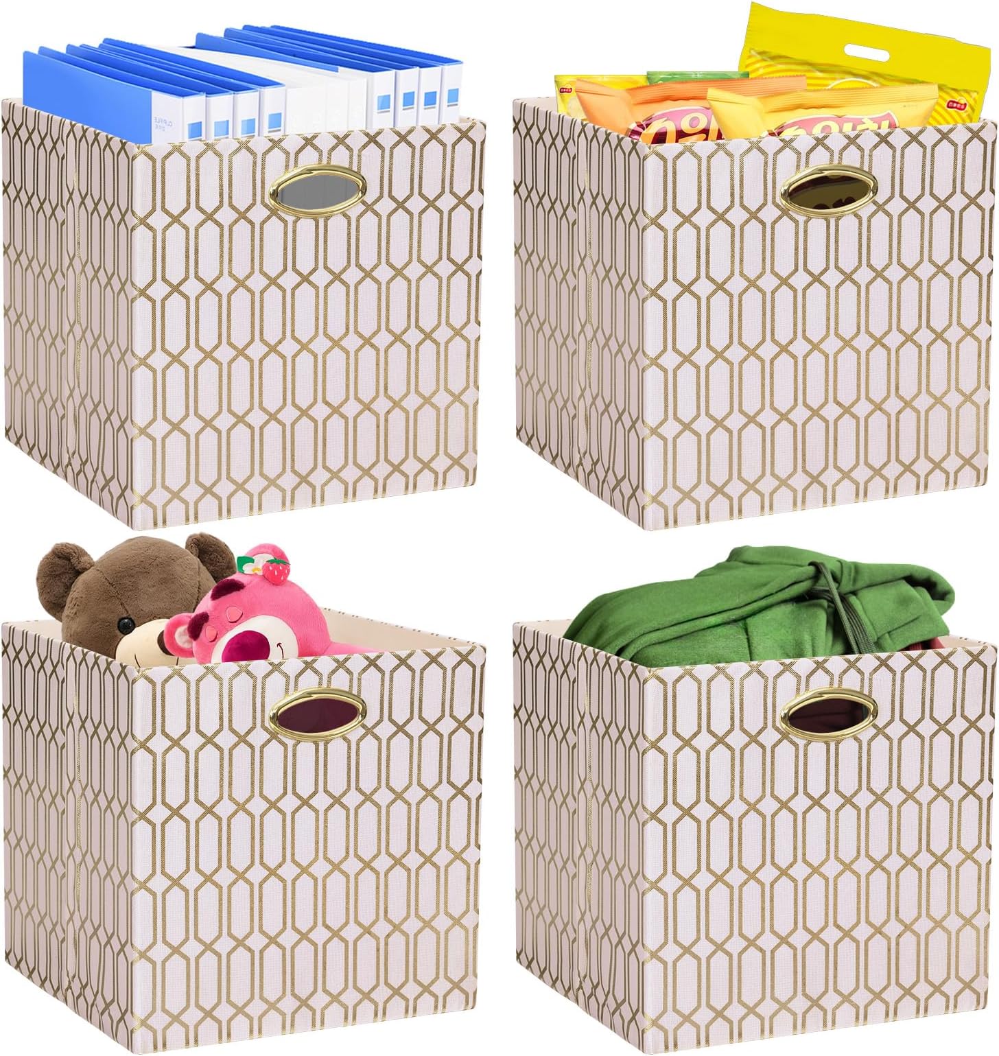 Storage Bins, Storage Cubes,13×13 Fabric Drawers Organizer Basket Boxes Containers (13×13×13/4pcs, Cream/gold geometry Pattern)