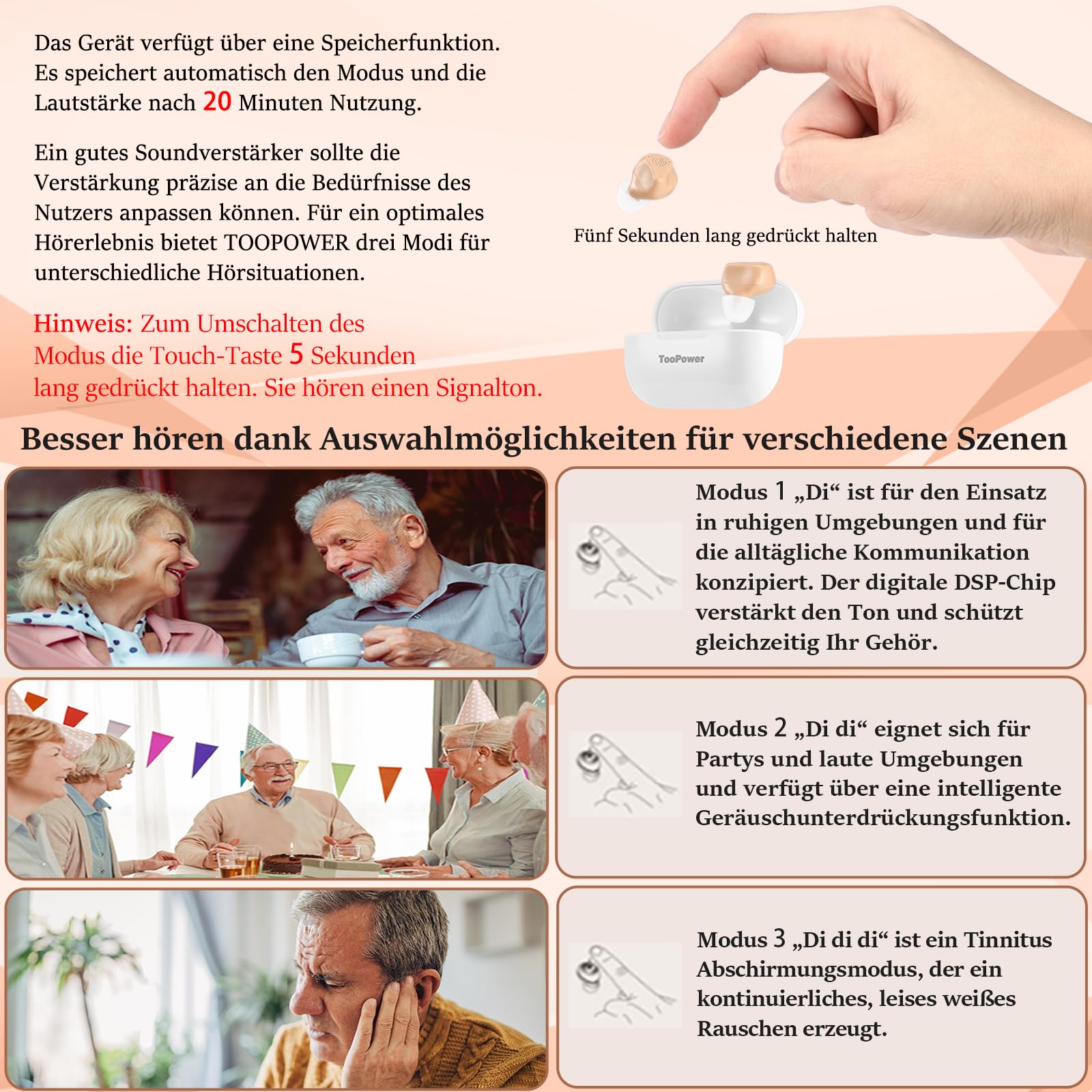 Soundverstärker für Senioren & Erwachsene,wiederaufladbar mit Geräuschunterdrückung,digitale Geräte für super natürlichen Klang,3 Modi,Lautstärke in 5 Stufen,Dual-Mikrofon,keine Pfeifgeräusche