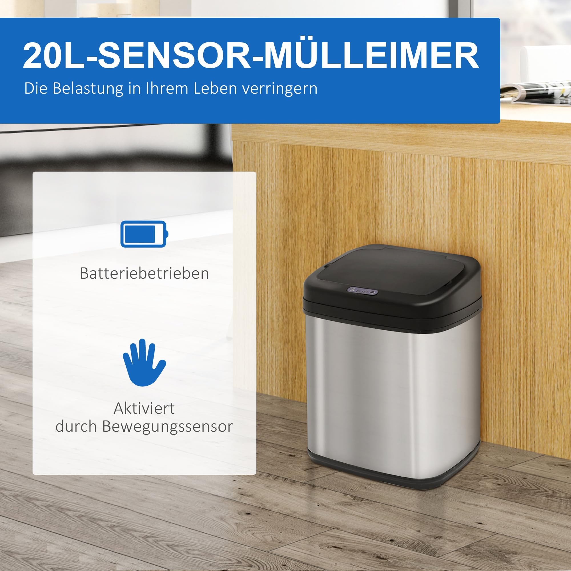 HOMCOM Sensor Mülleimer 20L Edelstahl mit Bewegungssensor Silber+Schwarz | Automatischer Mülleimer, Abfalleimer mit Inneneimer, Müllbehälter, Abfallbehälter für Büro, Schlafzimmer, Küchen