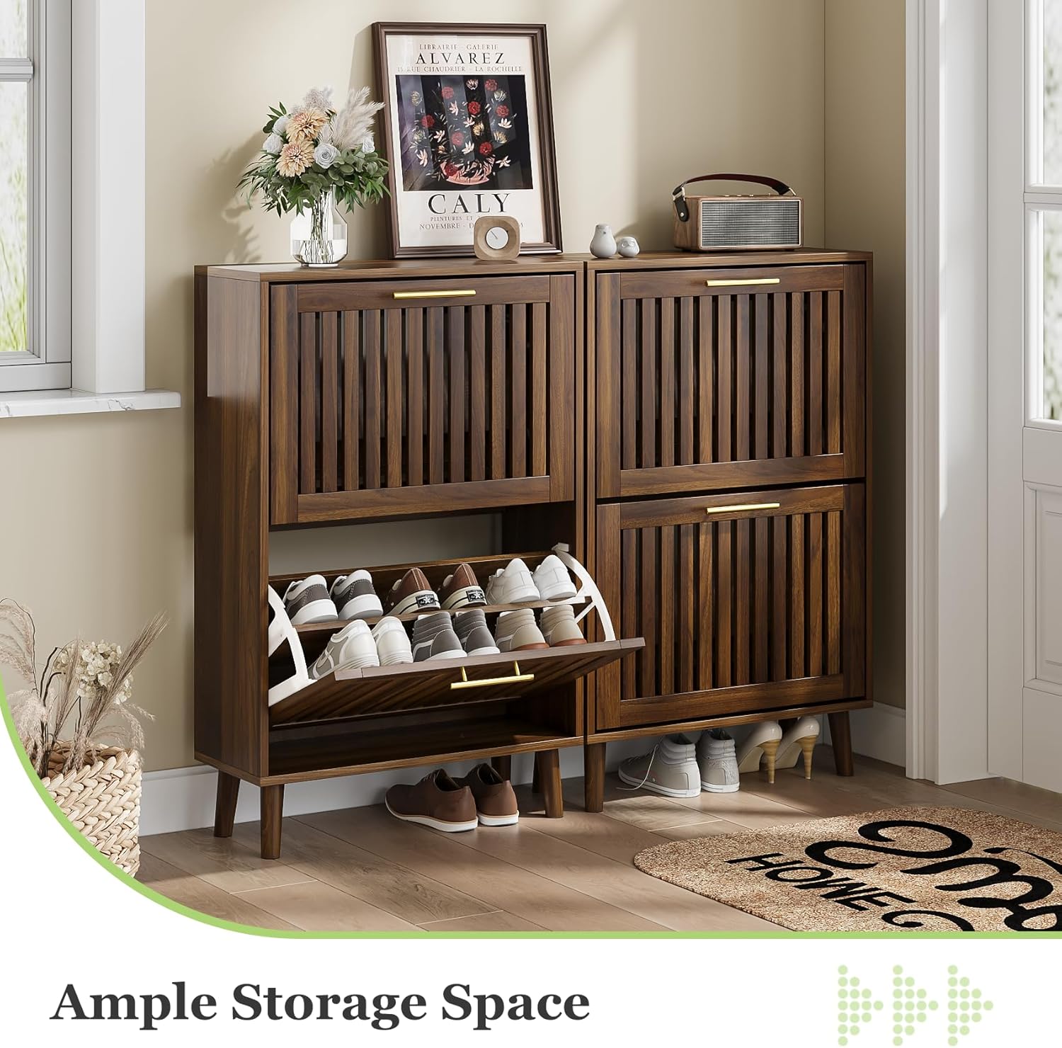 Shoe Cabinet, Shoe Storage Cabinet with Louvered 2 Flip Drawers, Narrow Shoe Cabinet Storage for Entryway, Freestanding Shoe Organizer Cabinet with Golden Handles, Slim Shoe Rack Cabinet (Walnut)