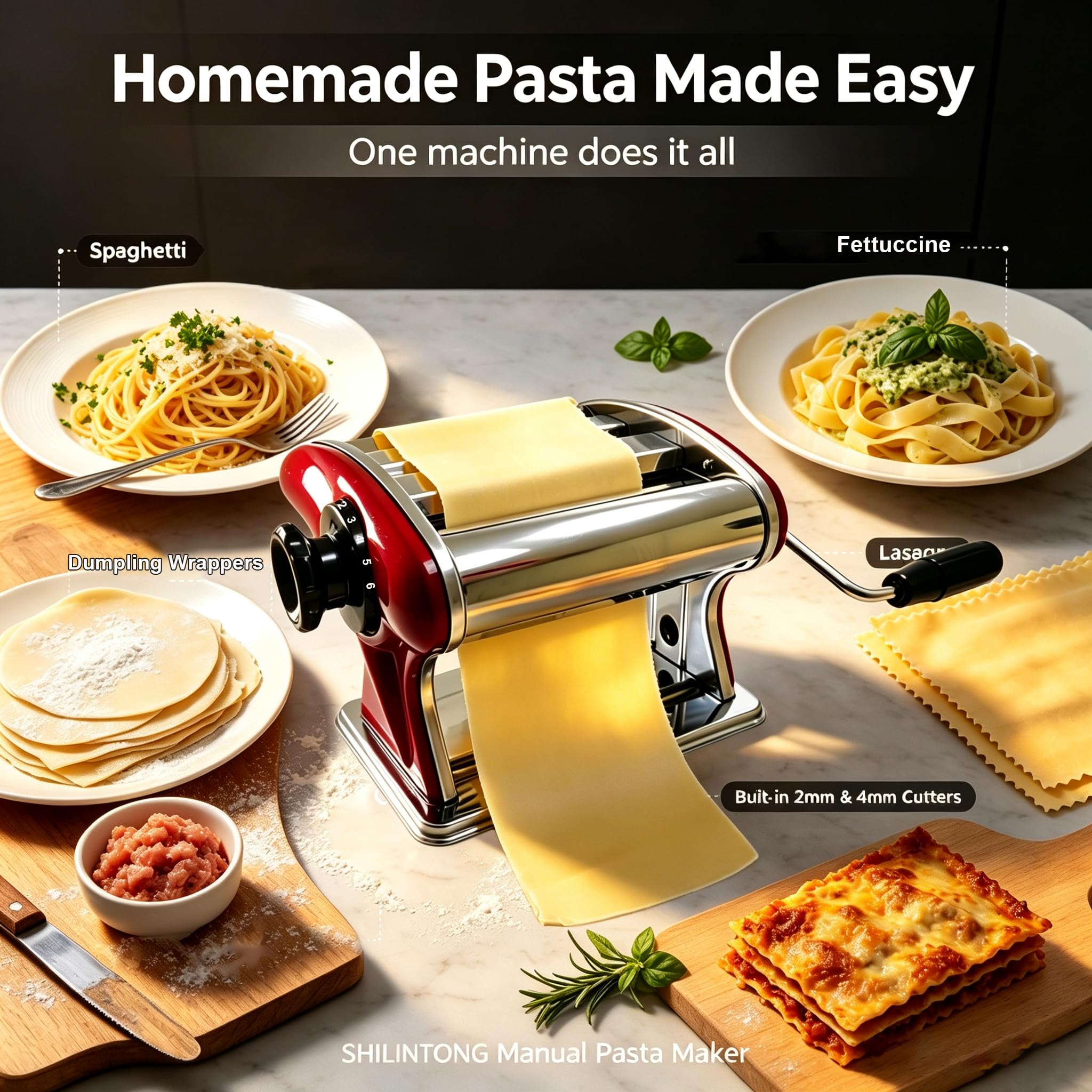 Macchina per pasta manuale SHILINTONG, macchina per pasta 2 in 1 in acciaio inossidabile con taglierine integrate da 2 mm e 4 mm, spessore regolabile da 0,3 a 5 mm per spaghetti, fettuccine
