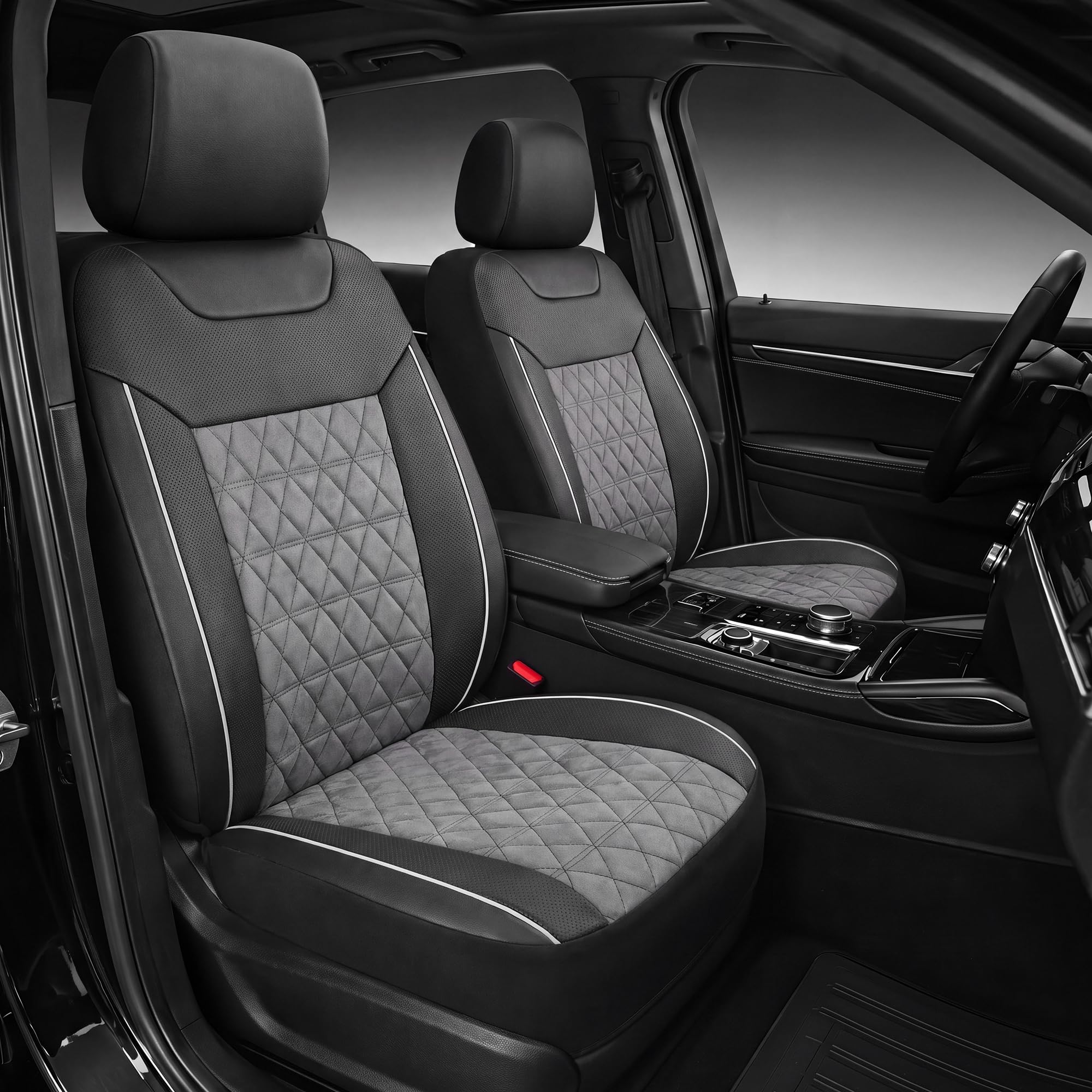 TOYOUN Housse Siege Voiture Universel Avant Tissu et Similicuir Doux Gris | Compatible airbags,Anti-usure anti-rayures protection sièges,Tissu perforé respirant,Dos antidérapant à picots