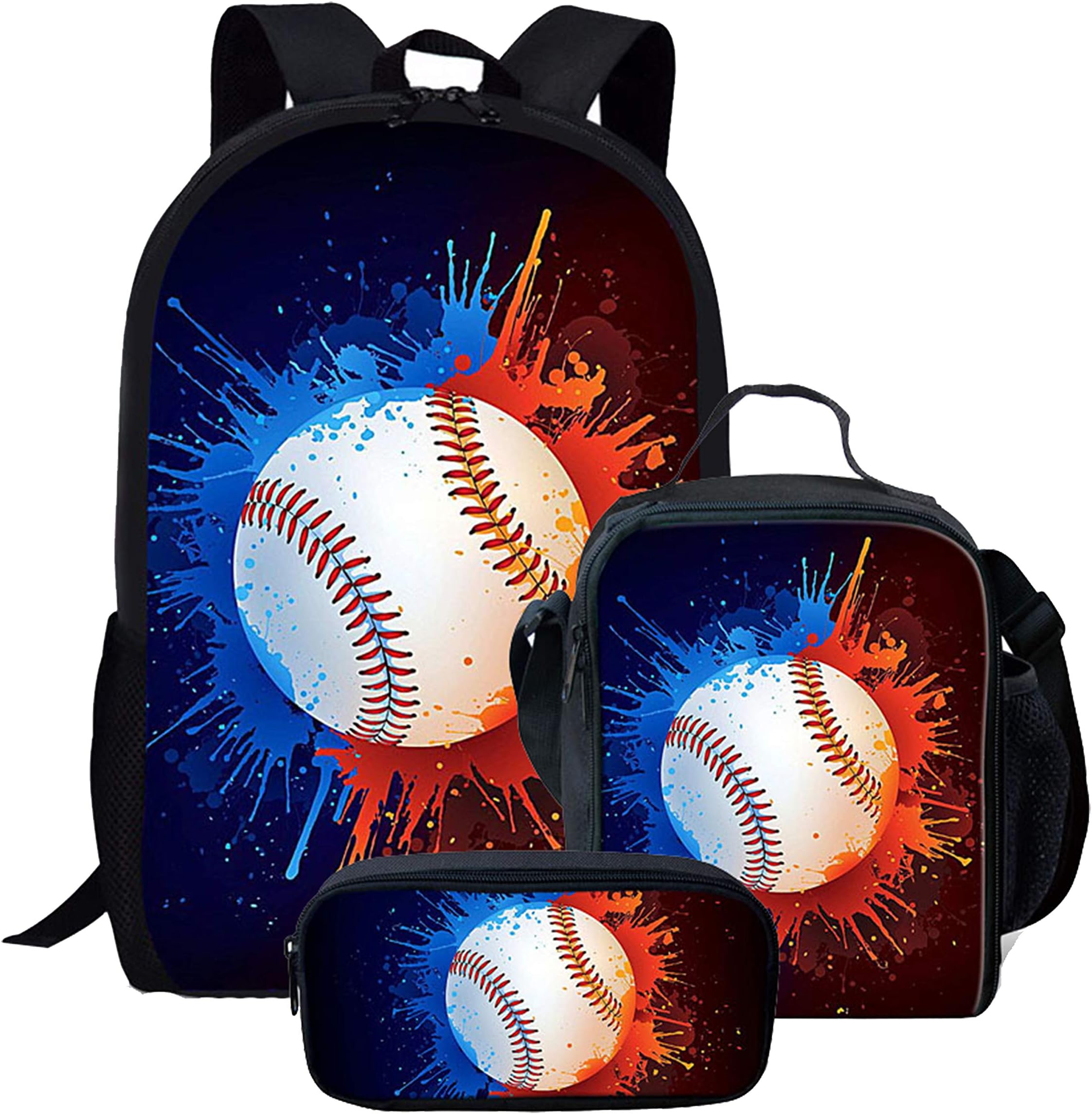 Baseball Print Boys Girls Backpack Daypack Set 3 Pieces School Bookbag Lunchbox Pencil Bag